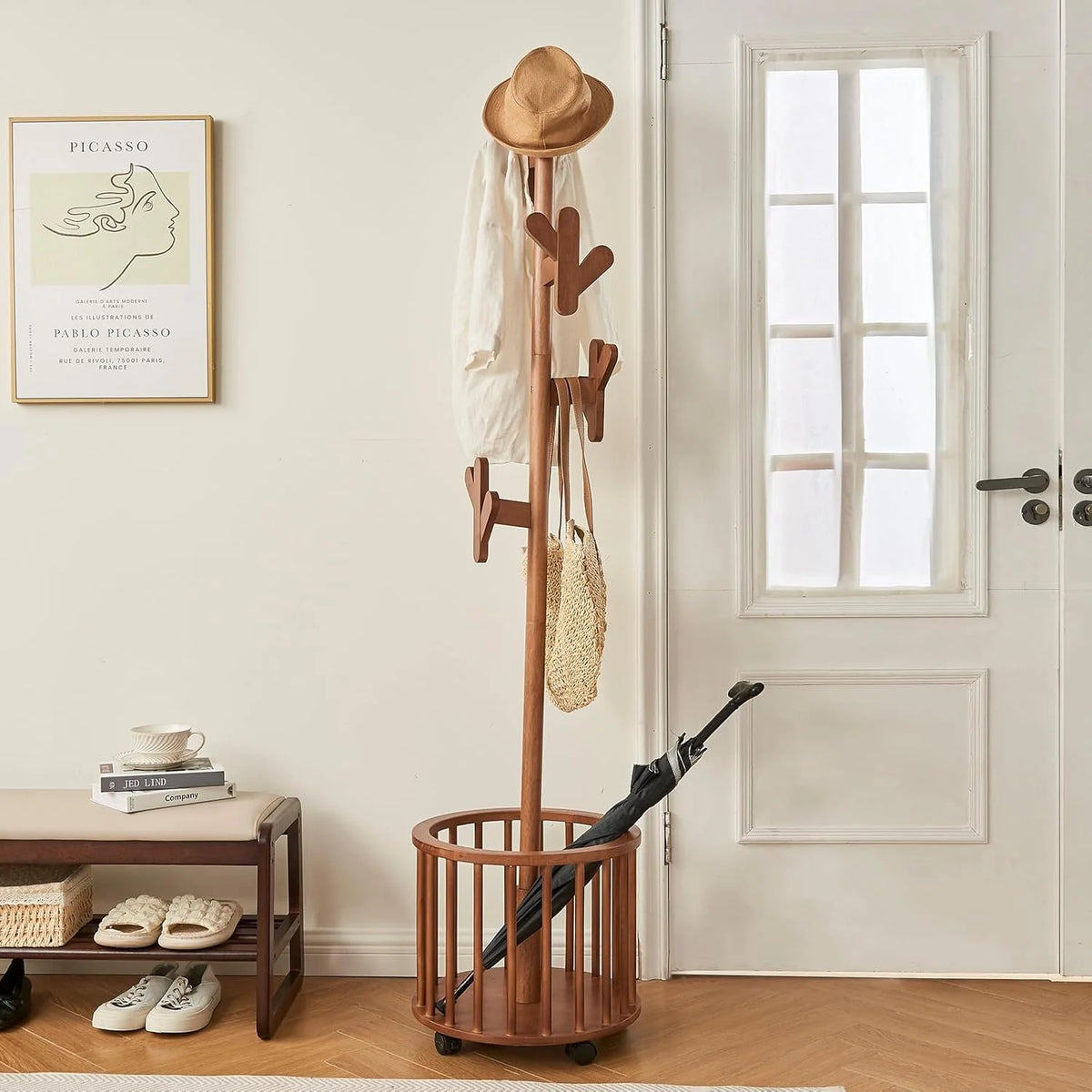 Wood Coat Rack Freestanding - Wooden Coat Tree Hat Rack with 12 Hooks. Clothes Coats Hanger Stand Rolling Racks with Umbrella Holder Wheels for Bedroom Entryway Hallway Livingroom (Walnut)
