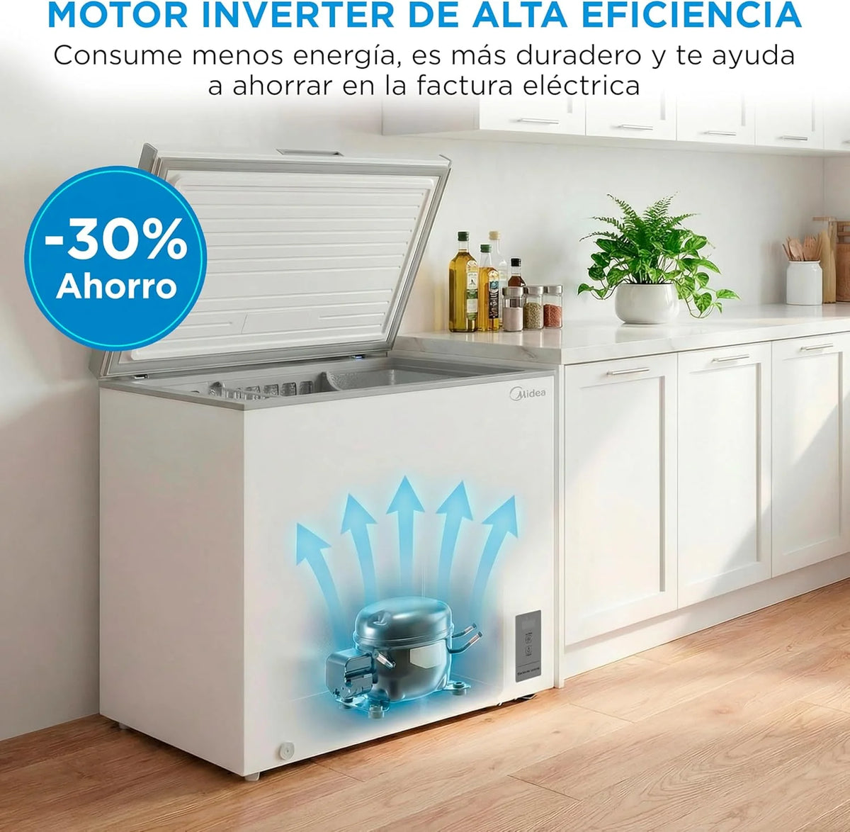 MIDEA Arcon Congelador Pequeño de 293L | Congelador Horizontal Convertible a Frigorífico con Motor Inverter. Control Electrónico de Temperatura.