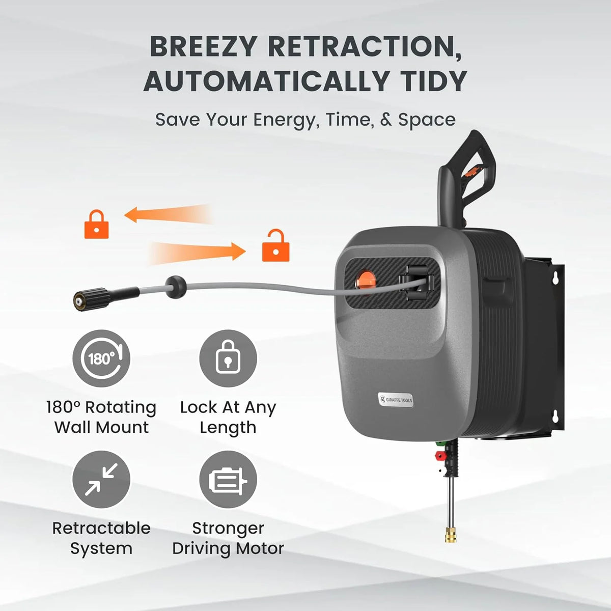 Pressure Washer G20 Pro. 2500 PSI 2.2 GPM. 180° Wall Mounted Power Washer. Auto-retract with 65FT Hose Reel. 5 Nozzles for Floor/Cars/Fences/Patios. Dark Silver