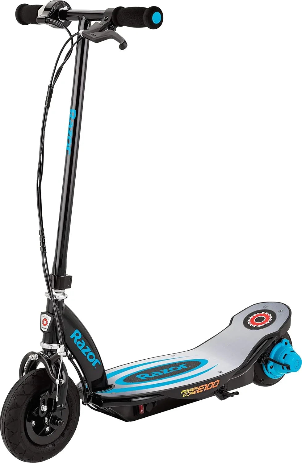 An electric scooter suitable for children over 8 years old - 100-watt hub motor. 8-inch inflatable tires. maximum speed of 11 miles per hour. maximum running time of up to 60 minutes. suitable for users weighing no more than 120 pounds.