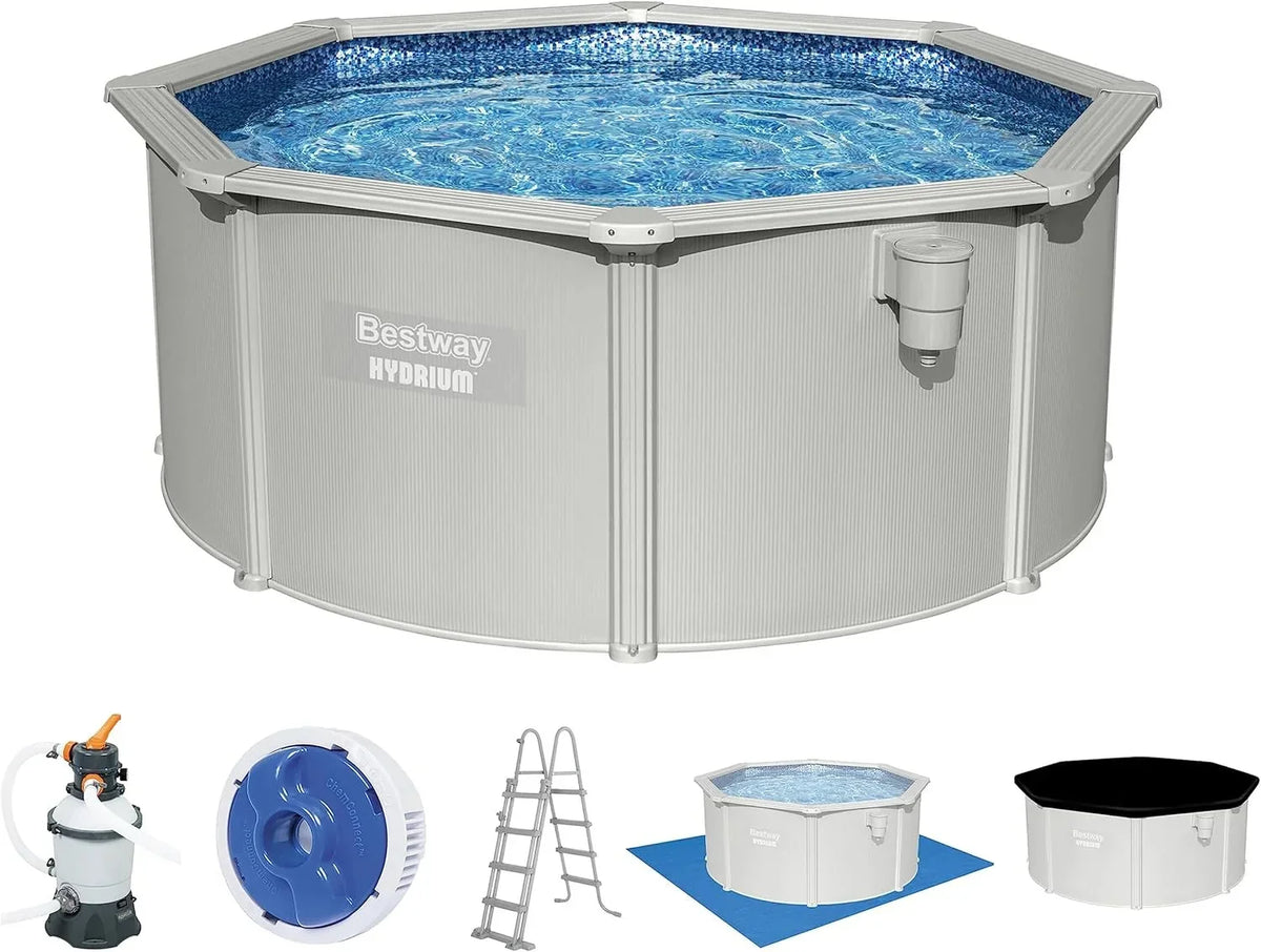 Bestway Hydrium - Piscina de Pared de Acero con Filtro de Arena. diámetro de 300 x 120 cm. Gris. Redonda