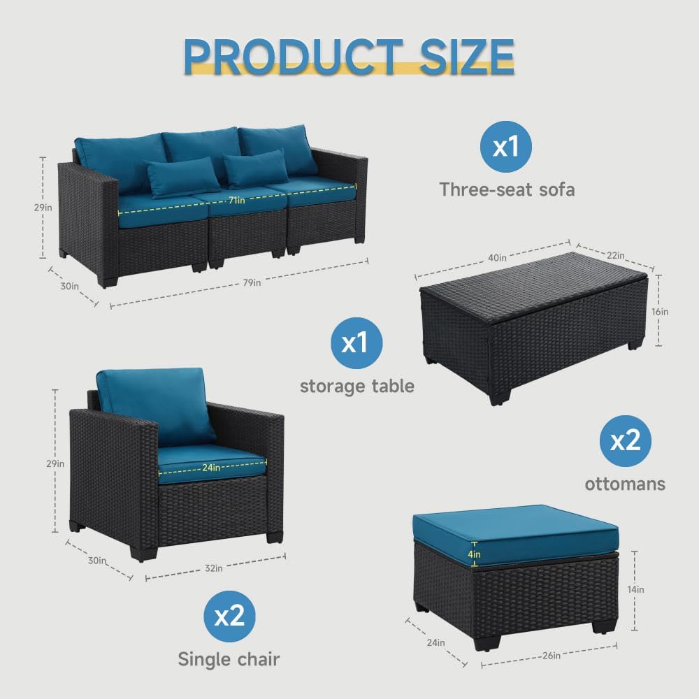 6 Pieces Outdoor Patio Furniture Sets with Furniture Cover. PE Rattan Wicker Patio Conversation Set with Tea Table (Peacock Blue. Rattan Storage Table)