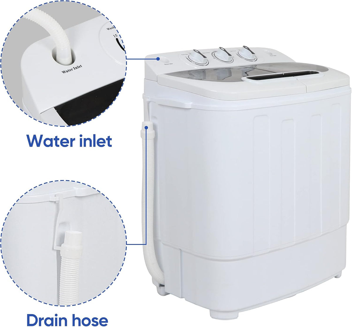 Portable mini double-burner washing machine. capacity 13 pounds. equipped with a spin dryer. a compact clothes washing machine. a lightweight small-sized washing machine. suitable for families. apartments. dormitory rooms. and campers.