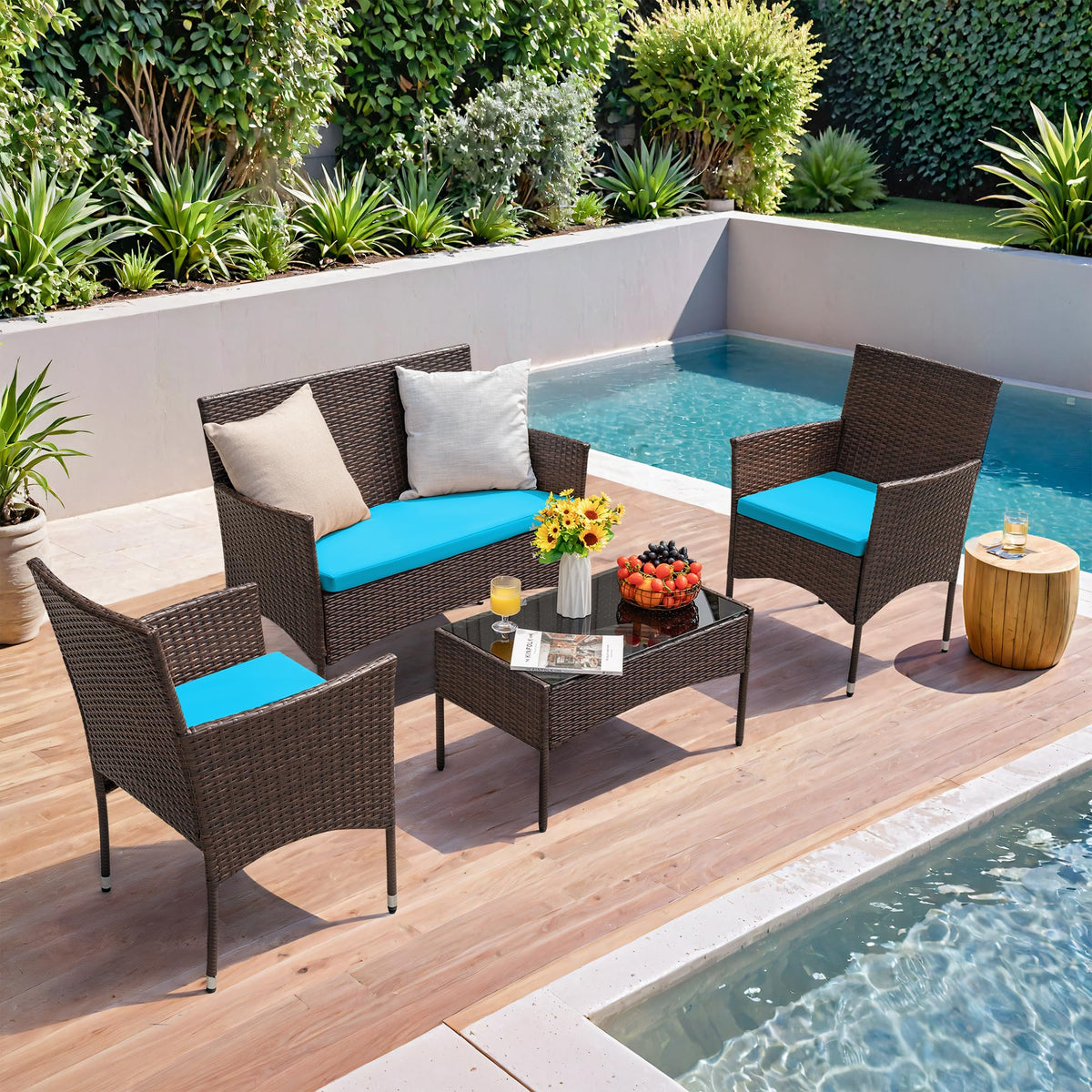 4-Piece Outdoor Patio Furniture Set. Rattan Wicker Chairs and Outdoor Seating Set