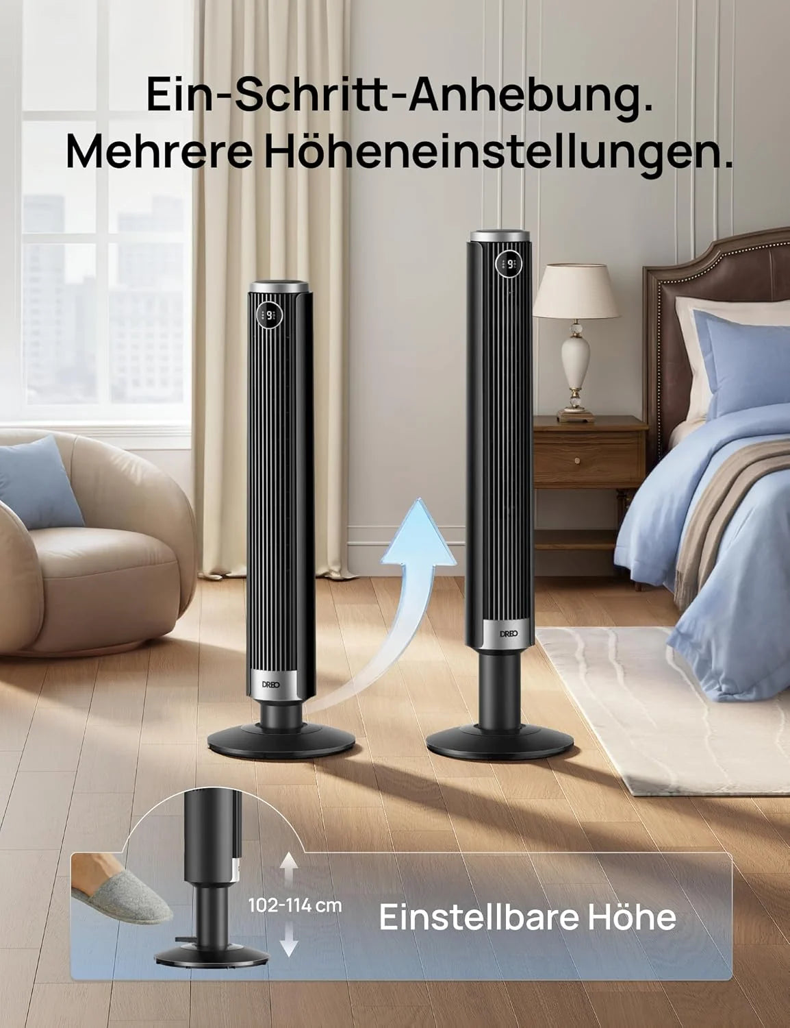 DREO Smart 102–114cm Turmventilator fürs Schlafzimmer. Höhenverstellbar. 8.4m/s. DC-Motor. 9 Stufen. 4 Modi. 90°-Oszillation. Standventilator. 20dB