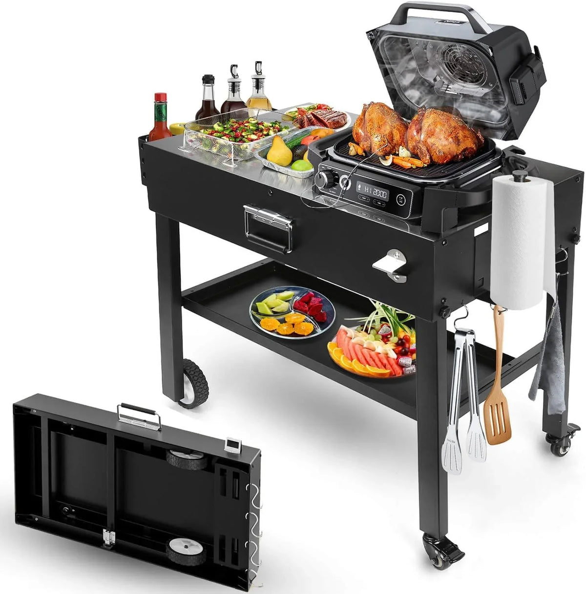 Foldable barbecue table cart. black stone portable frying pan. Weber. Onni pizza oven - Portable outdoor barbecue preparation table. equipped with a bag. very suitable for camping and tailgate events.