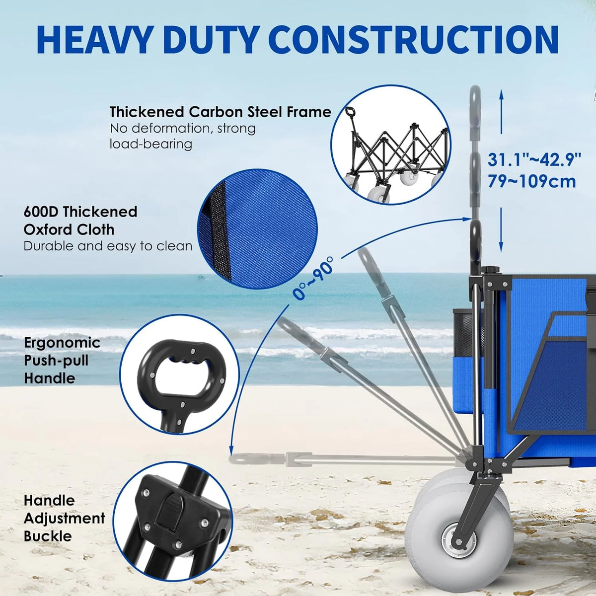Beach Wagon with Big Wheels for Sand - 450lbs Load Heavy Duty Wagons Carts Foldable with 9 All Terrain Inflatable Tires. Collapsible Beach Cart for Grocery Shopping Garden Sports Camping Outdoor