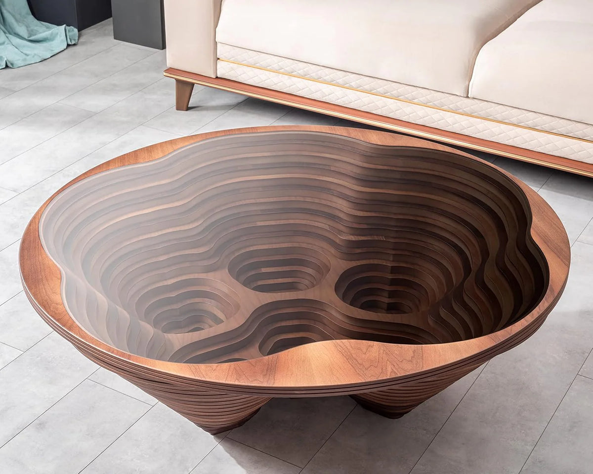 Design a modern coffee table - natural walnut veneer. tempered glass tabletop. layered wave shape. rustic wood. modern living room table. luxurious home and office decoration. central table in the living room.