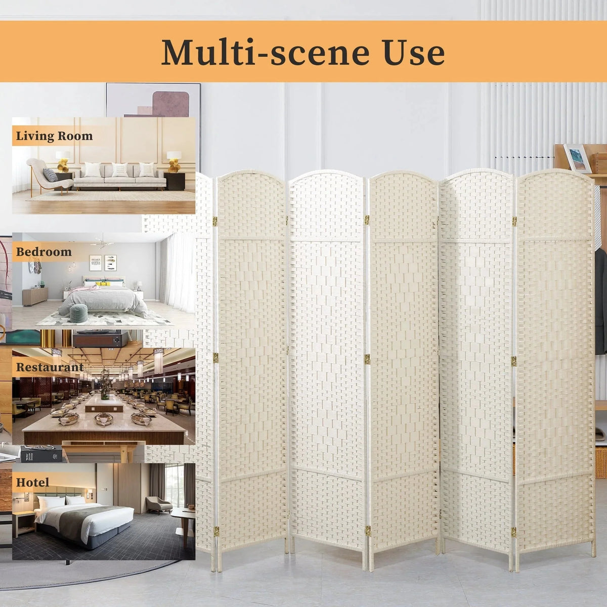 6 FT Tall Woven Fiber Room Divider. Freestanding Folding Privacy Screen
