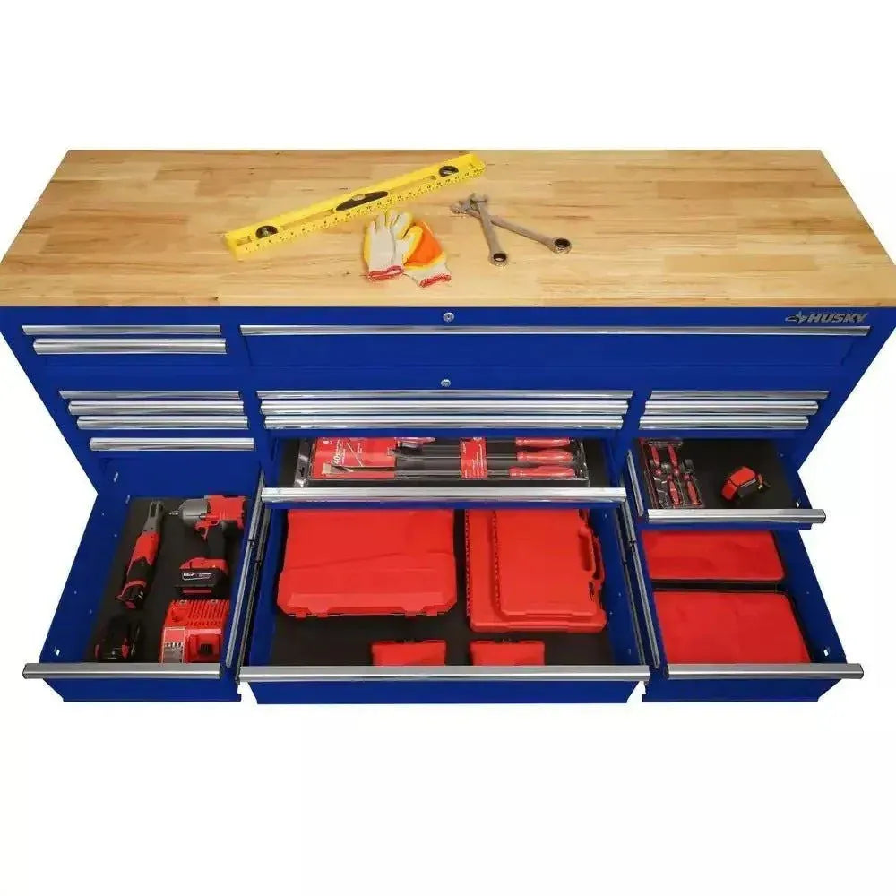 72-Inch 18-Drawer Mobile Workbench with Solid Wood Top. Gloss Blue