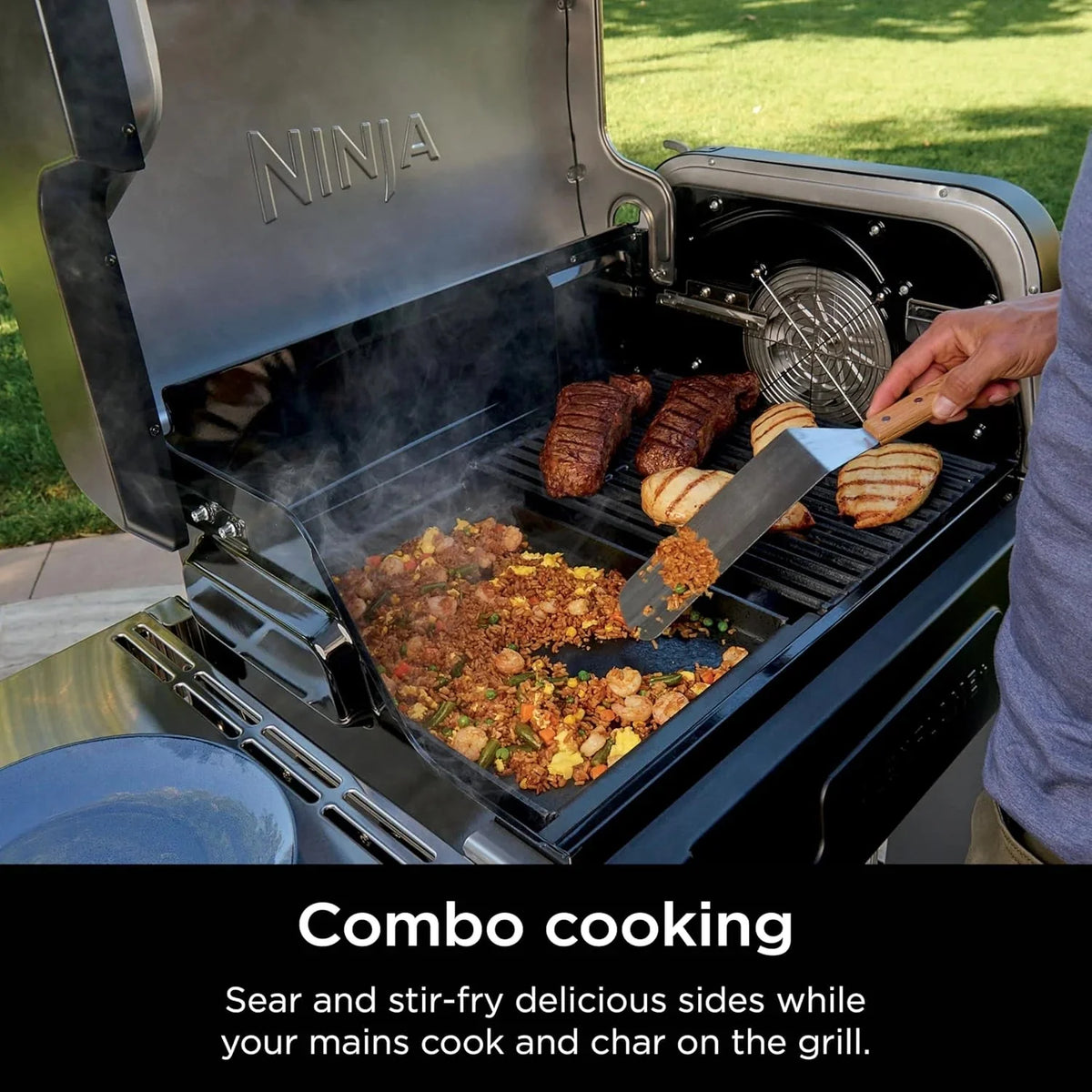 5-in-1 Electric and Propane Grill. 3-Burner Outdoor BBQ Grill and Smoker with Digital Controls. Griddle and Pizza Maker. Stainless Steel