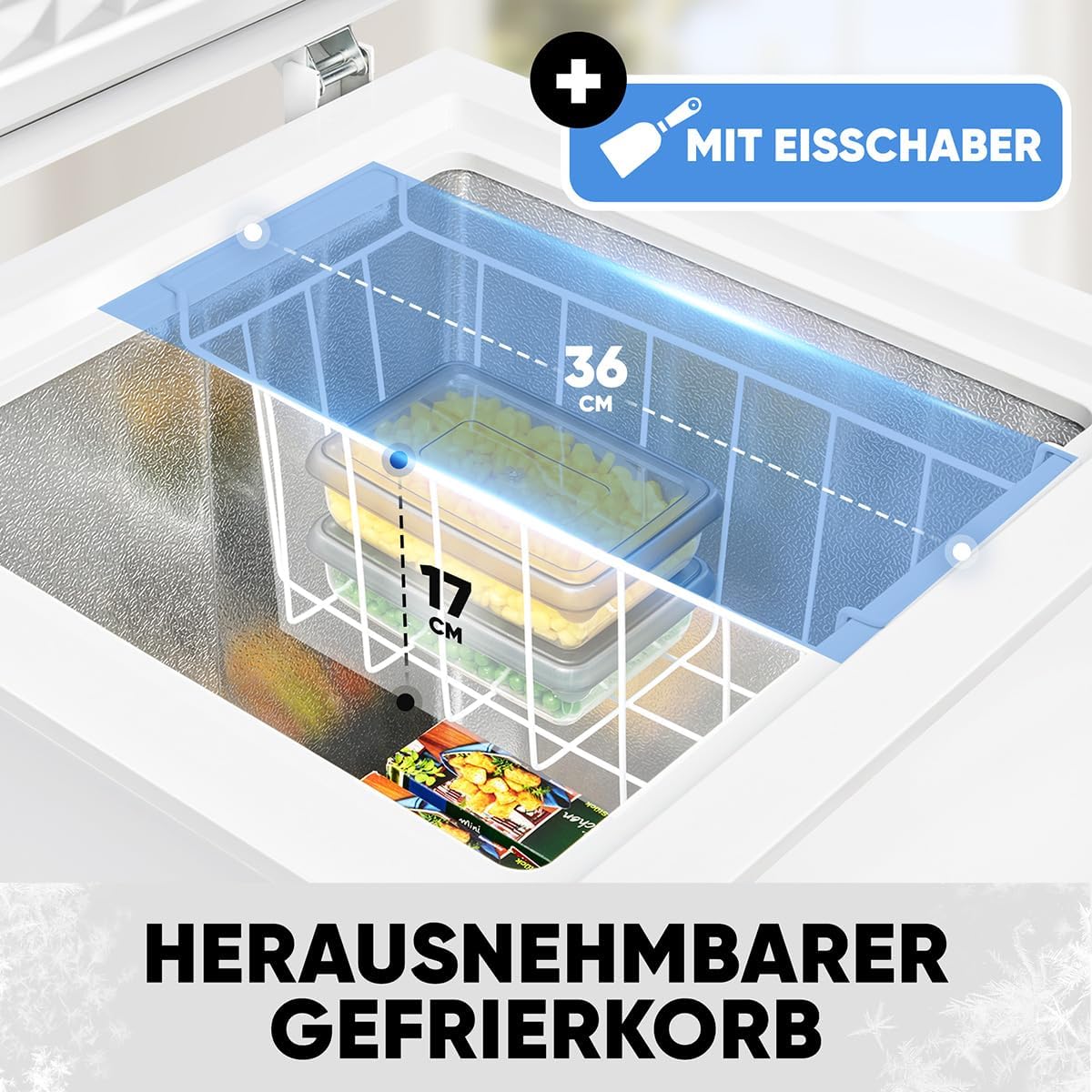 Bomann. 100L Gefriertruhe weiß GT7355 – 4 Sterne. Temperatur ≤ -18°C. Gefriervermögen 4.5 kg/24h. Kontrollleuchte. Temperatureinstellung. abnehmbar.