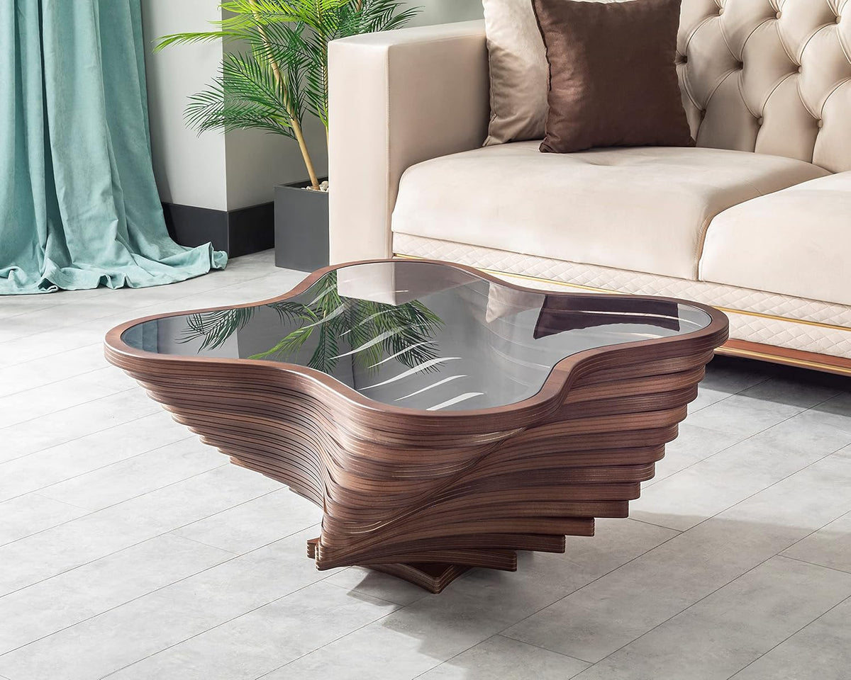 Design a modern coffee table - natural walnut veneer. tempered glass tabletop. layered wave shape. rustic wood. modern living room table. luxurious home and office decoration. central table in the living room.