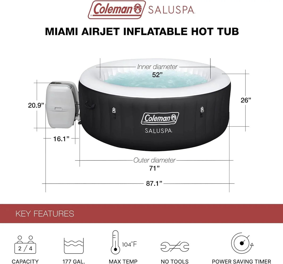 2-4 Person Inflatable Hot Tub. Portable Round Outdoor Spa with 120 Soothing Air Jets and Insulated Cover. Black