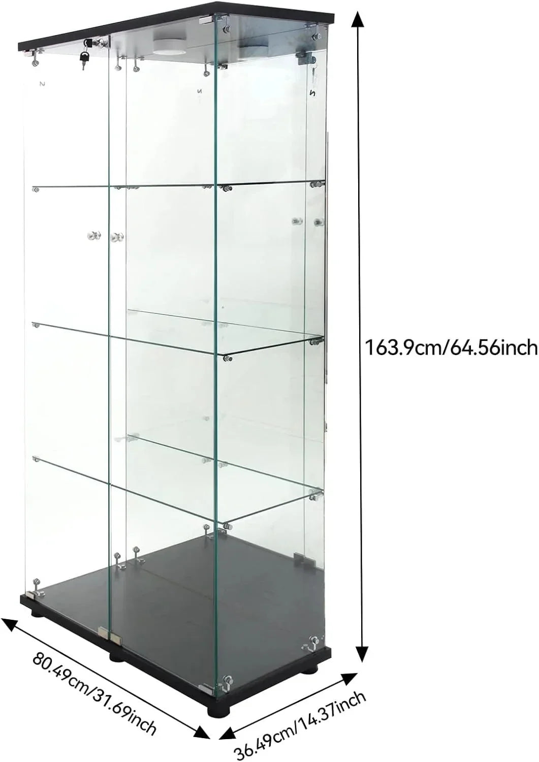 Vitrina Cristal Expositora con Luz. Puerta Cerradura. 4 estantes - Grande Vitrina de Colecciones.Vitrina de pie para Sala Oficina(Espalda Espejo)