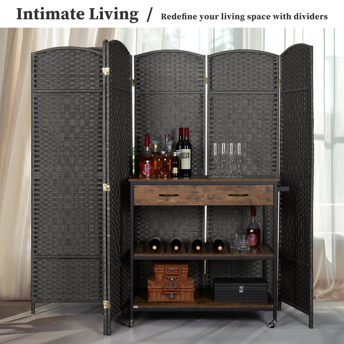 6 FT Tall Woven Fiber Room Divider. Freestanding Folding Privacy Screen