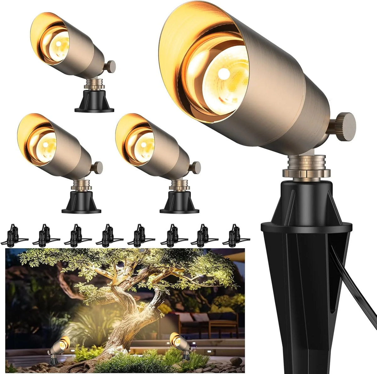 Solid Brass Outdoor Uplights & Accent Light Fixtures. Heavy Duty 12V Low Voltage LED Landscape Lighting Bronze. Wired Spotlights for Garden.Lawn.Patio and Yard Without LED Bulb (12 Pack)