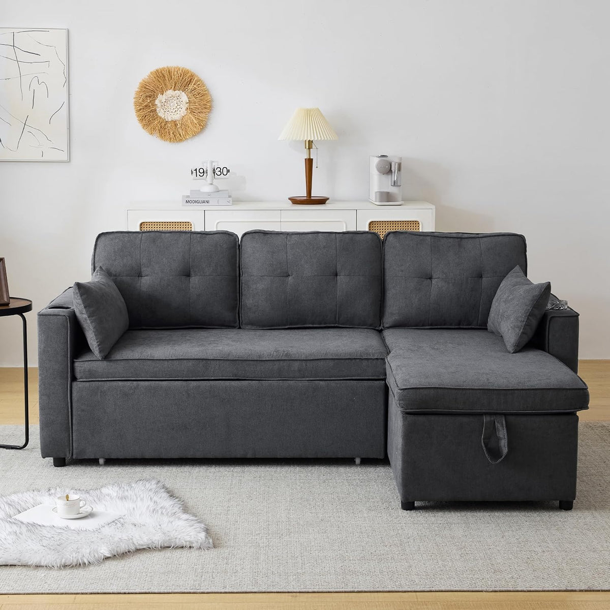 Sofá Cama 3 plazas con Portavasos y Bolsa Pasamanos Lateral. Sofá en Forma de L. Intercambiable a la Derecha y a la Izquierda. Gris