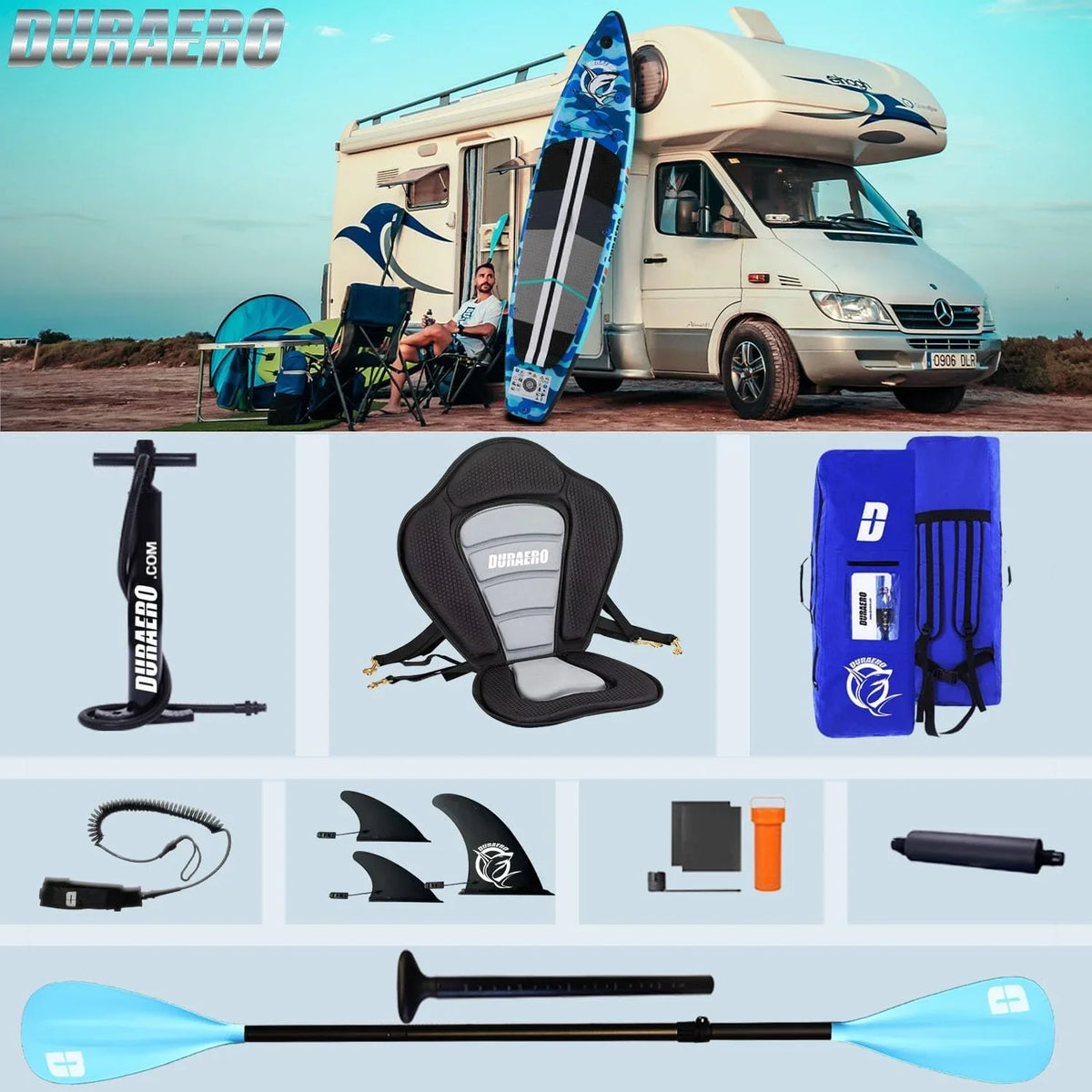 Inflatable Paddle Board with Kayak Seat. 330 x 76 x 15 cm. up to 150 kg. Integrated Pad. Detachable Fin. Double Adjustable Paddle. Repair Kit. Blue
