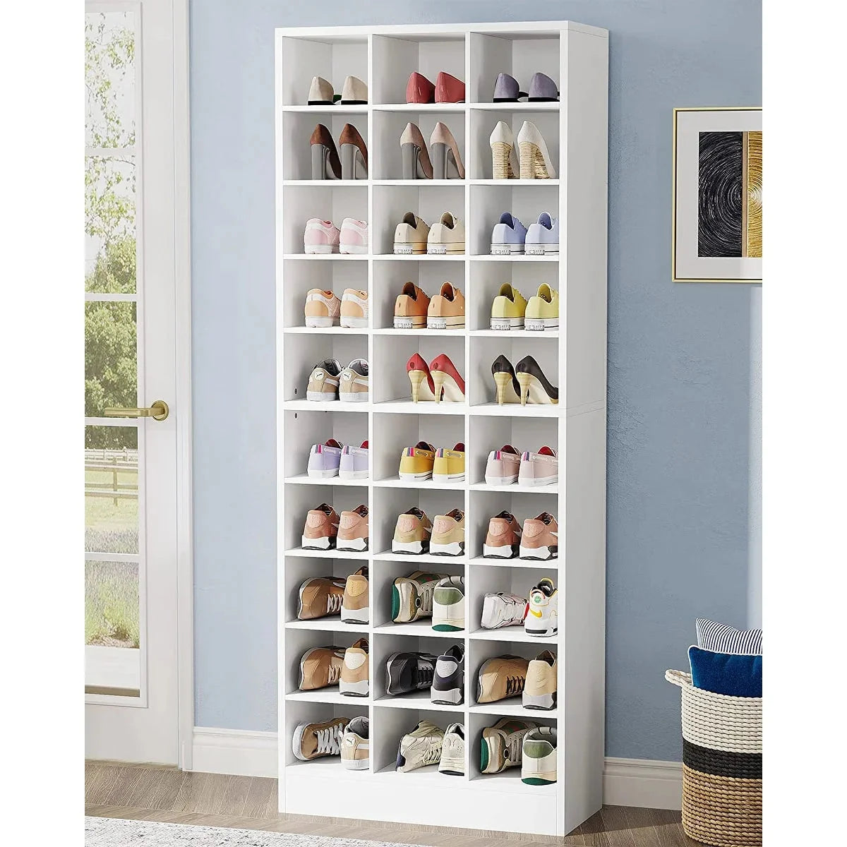 10-Tier Tall Shoe Cabinet. 30-Pair White Wood Shoe Storage Rack for Entryway and Closet