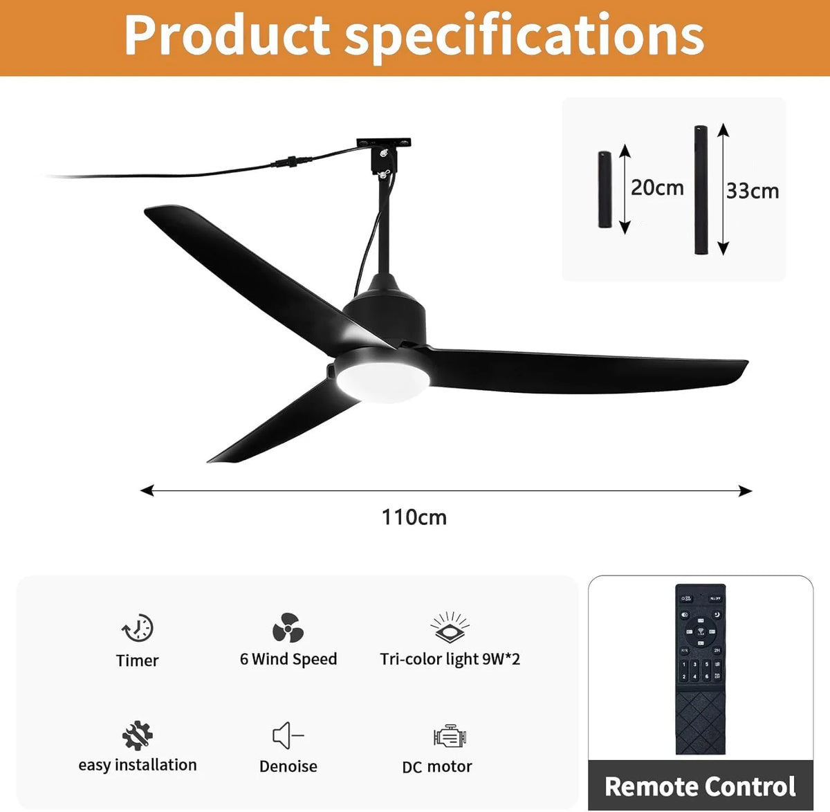 Deckenventilator mit Beleuchtung und Fernbedienung IP65 Wasserdicht Aussen Ventilator Dimmbar Fan Deckenleuchte Moderne Lampe mit Ventilator Leise