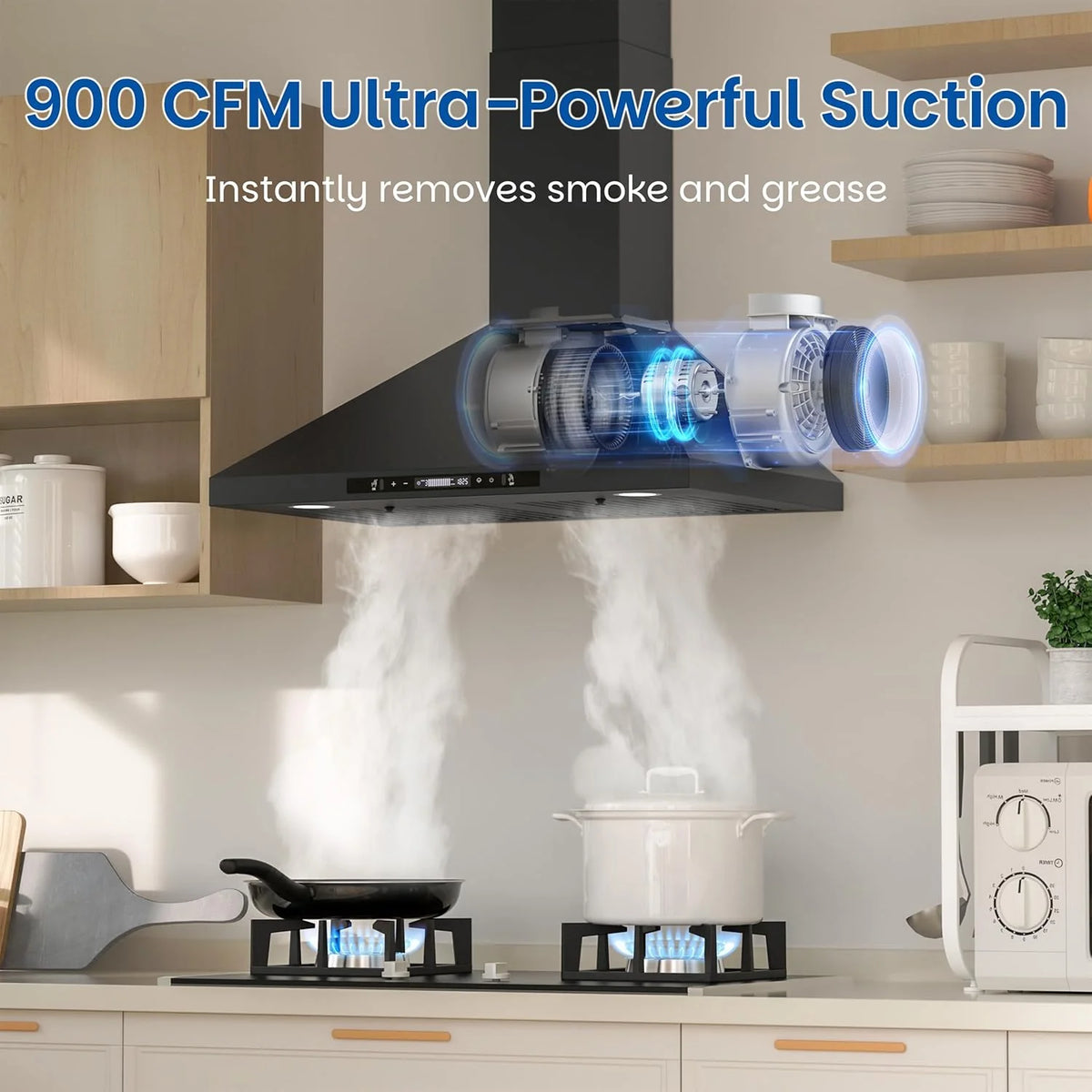 Wall-mounted black kitchen exhaust hood. 30 inches. 900 cubic feet per minute. built-in exhaust duct. three-speed exhaust fan. gesture/touch control. timer function. two baffles filters. stainless steel stove exhaust hood