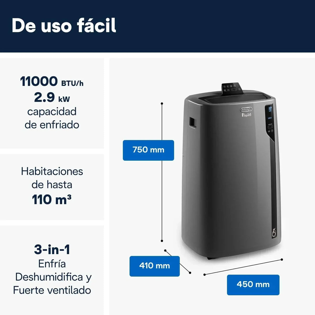Pingüino PACEL112 Silent Aire Acondicionado Portátil Silencioso con Tecnología Eco Real Feel y Cool Surround. Función Deshumidificadora. 2.9 kW. 63 dB