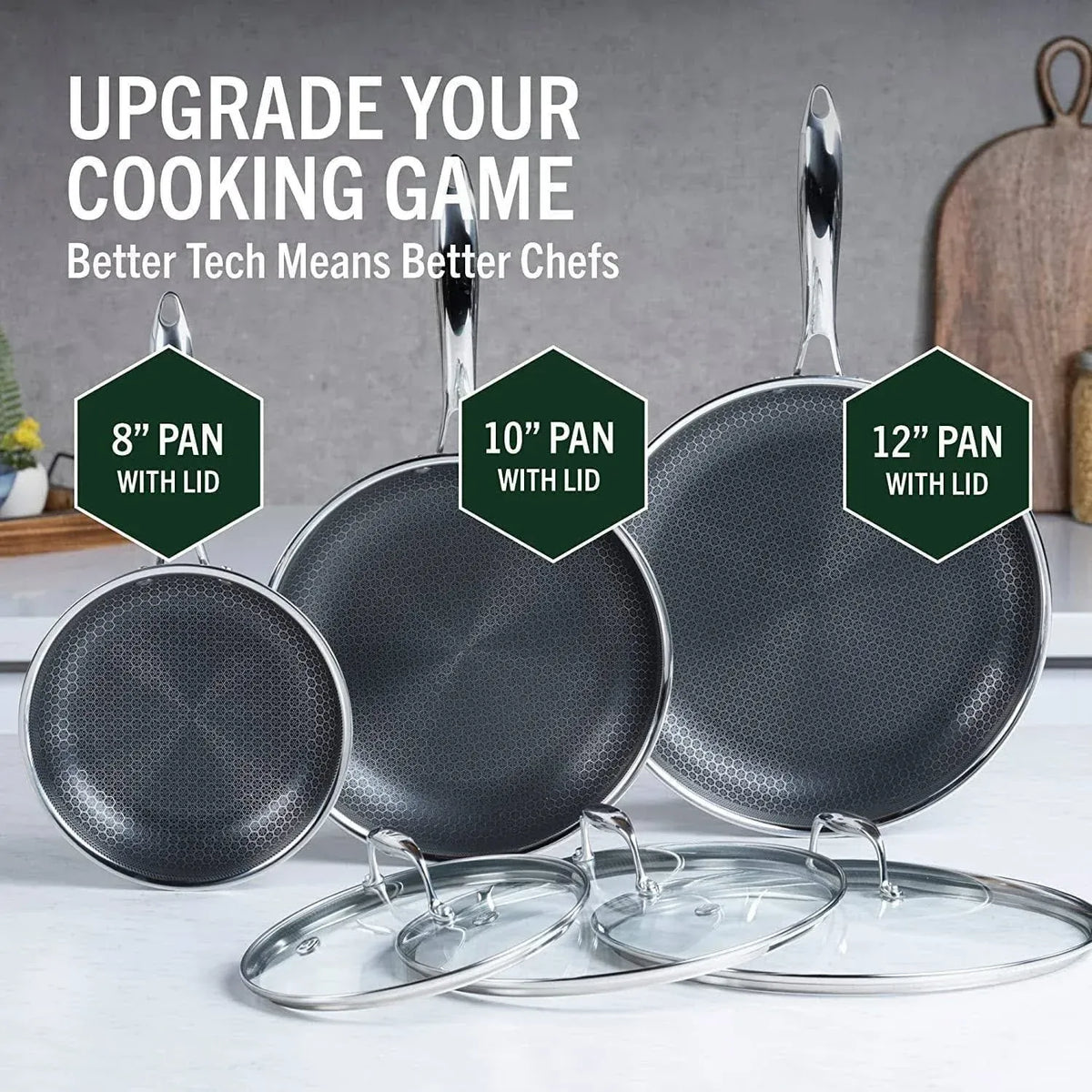 6-Piece Hybrid Stainless Steel Pan Set with Glass Lids. 8-Inch. 10-Inch and 12-Inch. Black