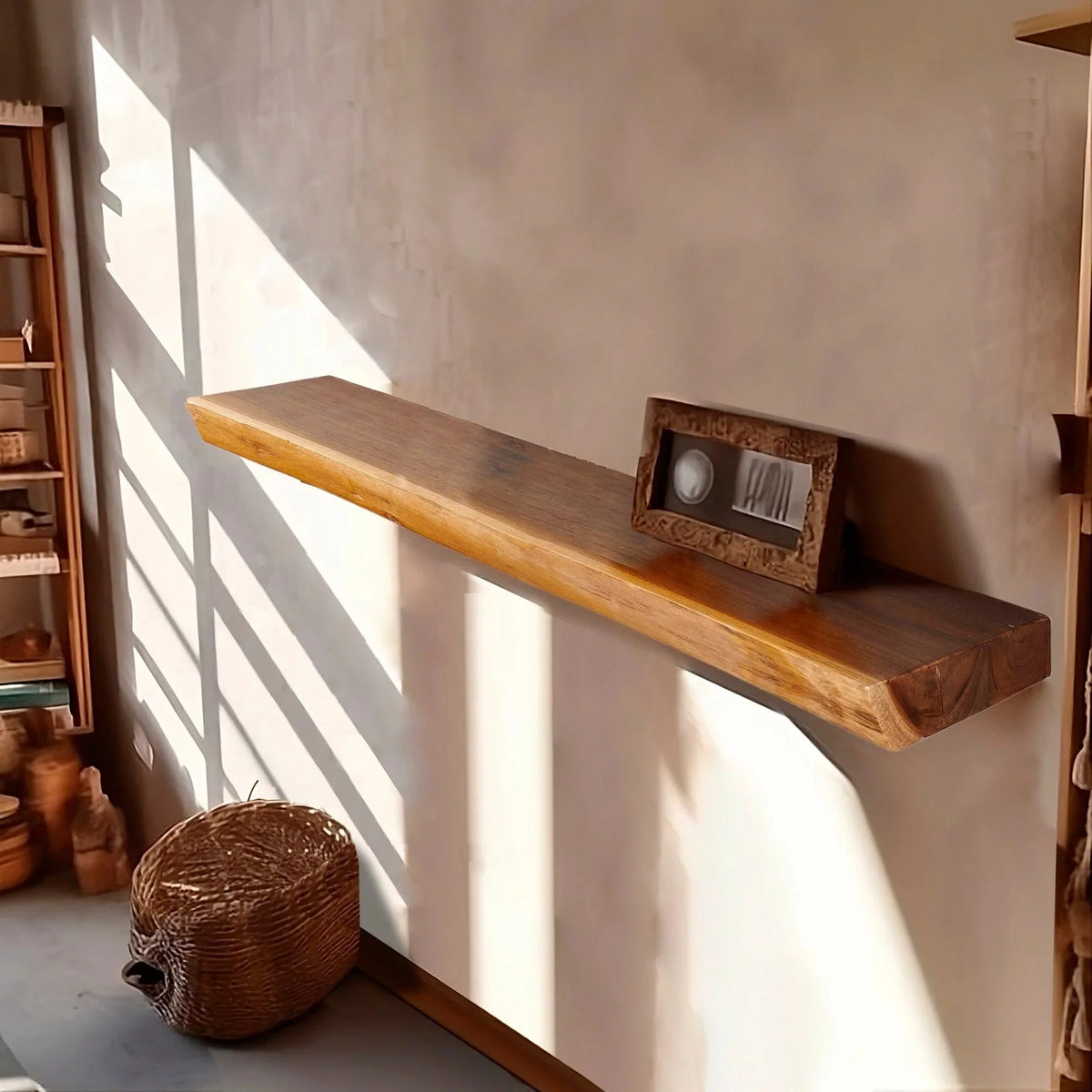 1 Piece Teak Wood Wall Shelf with Live Edge. Rustic Floating Shelf for Home Decor