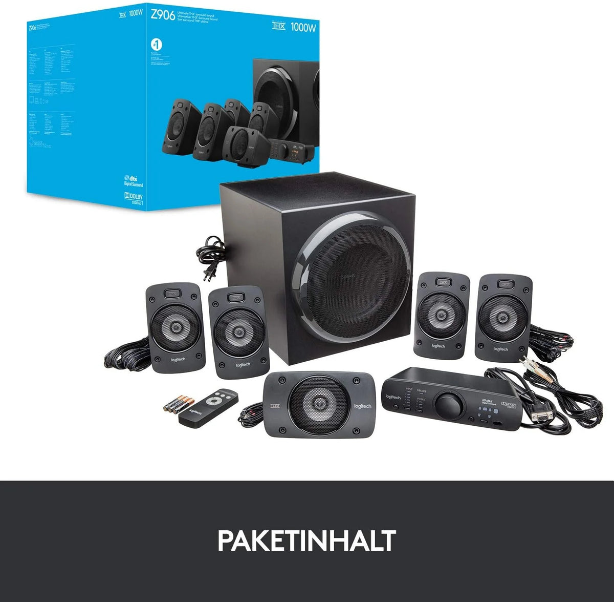 Logitech Z906 5.1 Sound System. Lautsprecher mit 1000 Watt Surround Sound. THX. Mehrere Audio-Eingänge. Fernbedienung. EU Stecker. PC/PS4/Xbox/Stereo-