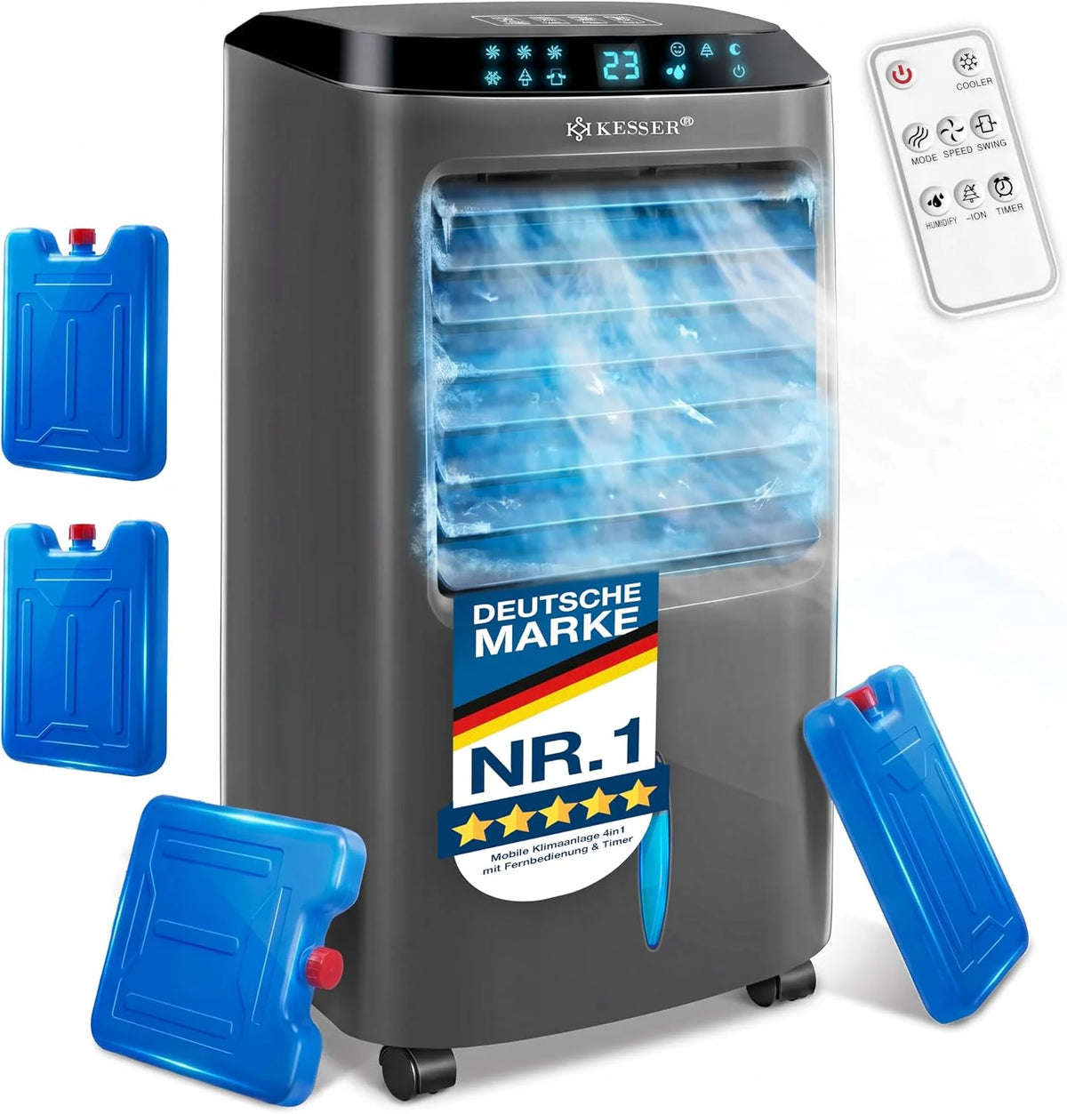 KESSER Mobile Klimaanlage 4in1 Luftkühler – Air Cooler mit Fernbedienung & Timer. 10L Wassertank. Ionisator & Luftbefeuchter. Ventilator Klimagerät