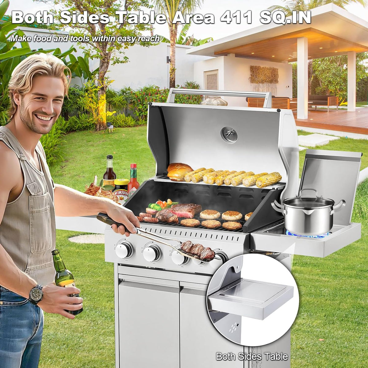 4-Burner Propane Gas Grill with Cast Iron Grates. Side Stove and 44.000 BTU Stainless Steel Burners