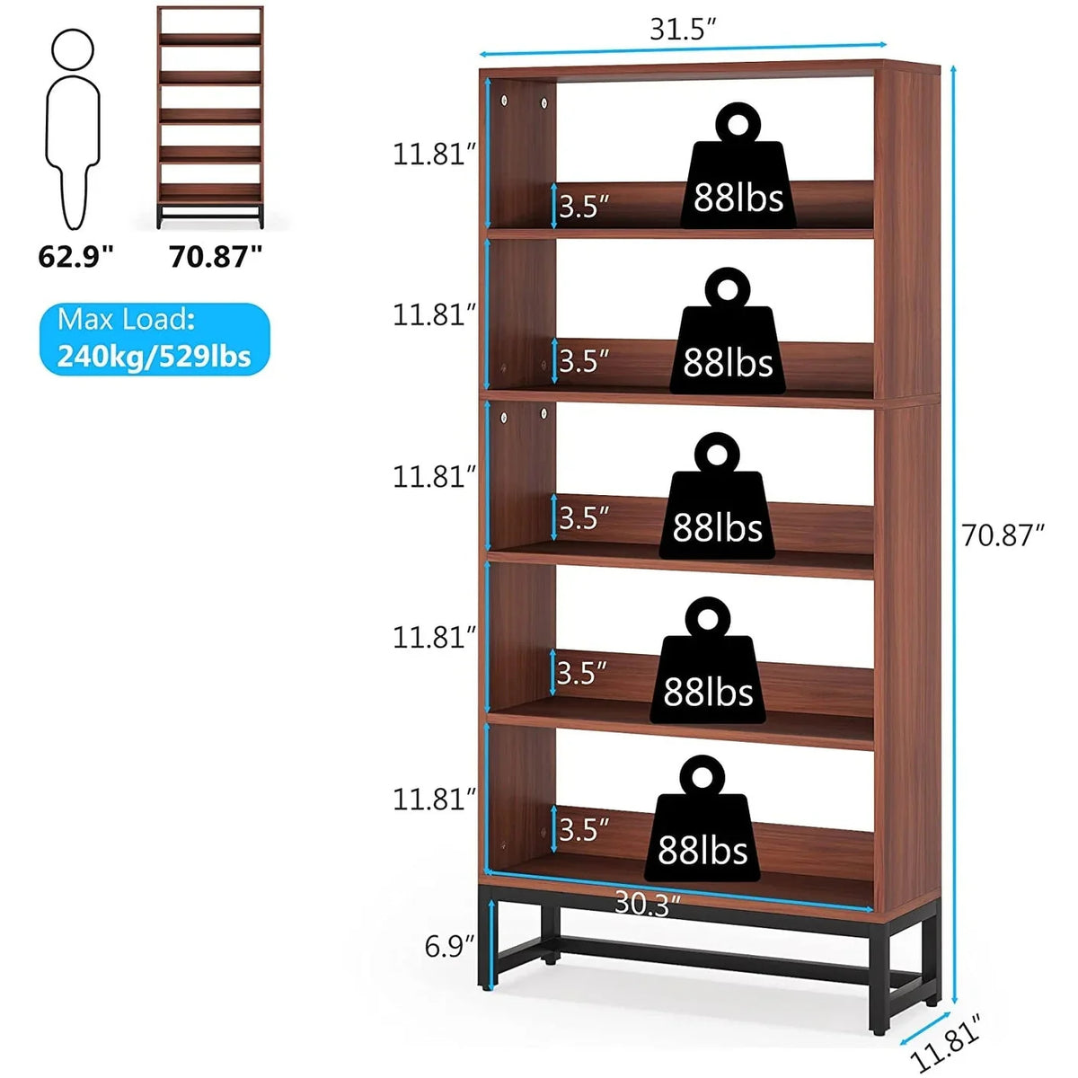 70.87 Inch Tall 5-Tier Bookcase. Large Bookshelf with 31.5 Inch Wide Storage