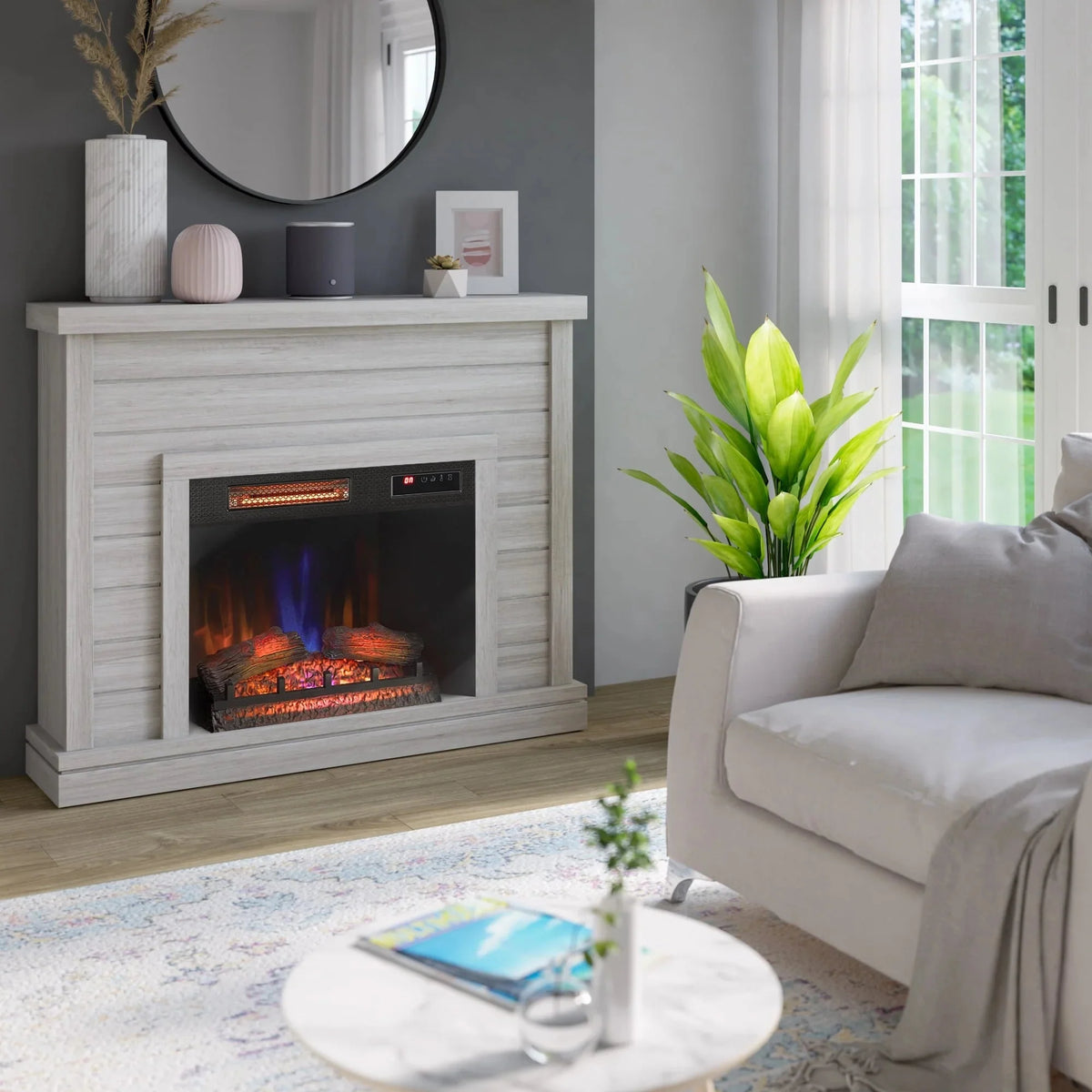 52 Shiplap Wall Fireplace Mantel. Modern Electric Fireplace with 3D Flame Effect Insert for Home Decor