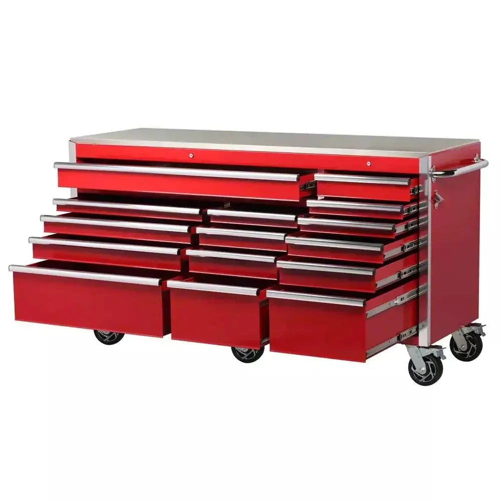 72-Inch W x 24-Inch D 15-Drawer Heavy-Duty Tool Chest Mobile Workbench. Stainless Steel Top. Dual Locks. Red