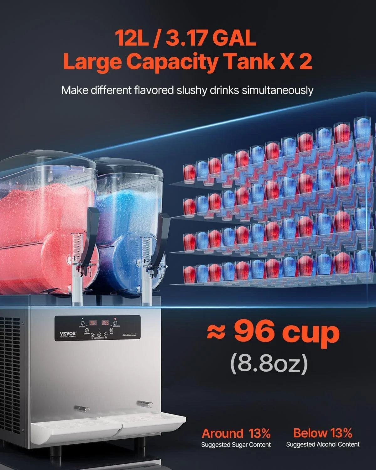 VEVOR kommerzielle Slusheis Maschine 12 L x 2 Doppeltank-Maschine für gefrorene Getränke. 96 Tassen Edelstahl Slush-Eis-Maschine mit Tastenfeld