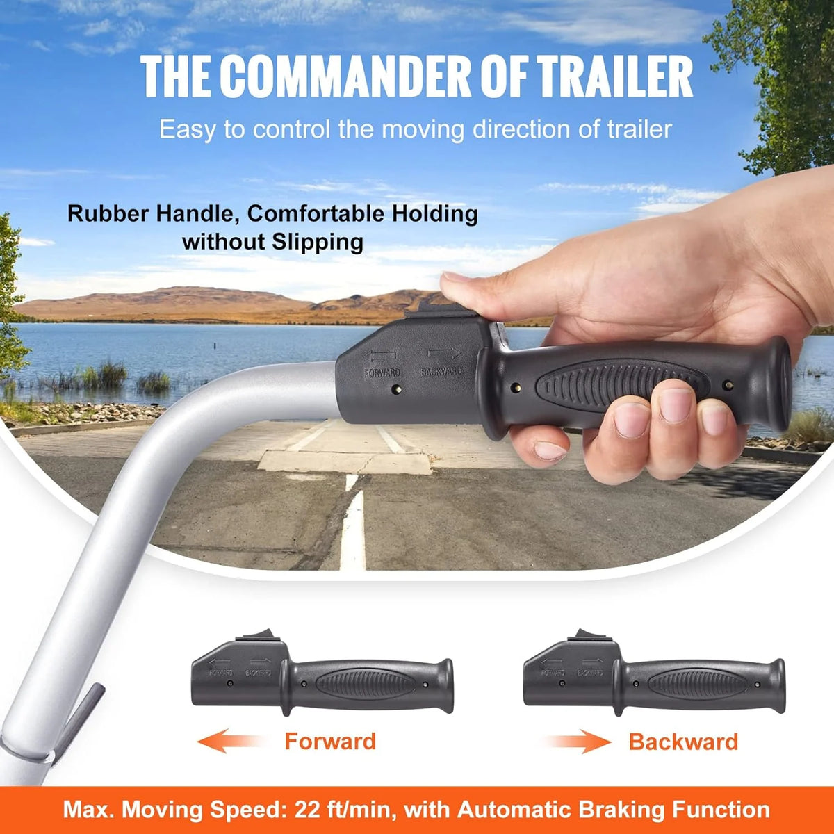 Electric trailer car. with a towing force of 5000 pounds. equipped with a 12-volt 350-watt trailer control wheel that can move at a speed of 22 feet per minute. featuring an adjustable height range from 12 inches to 24.8 inches. and equipped with 8-i