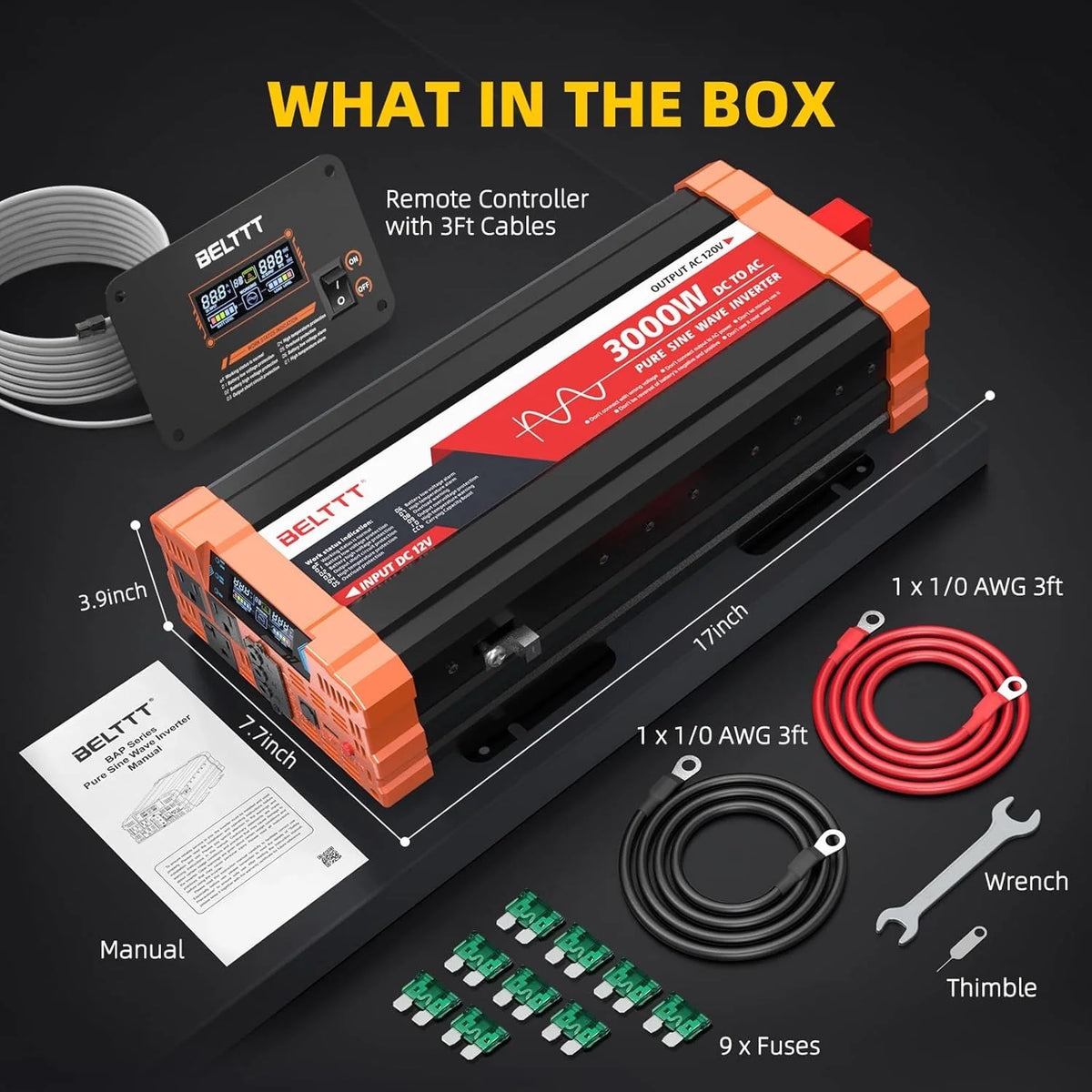 2000W Pure Sine Wave Inverter. Car Power Inverter 12V to 120V AC Converter for RV. Truck. Solar. Outdoor with Dual AC and 20A Socket. 5V 2.1A USB. Surge 4000W. Hardwire Port. Remote Controller