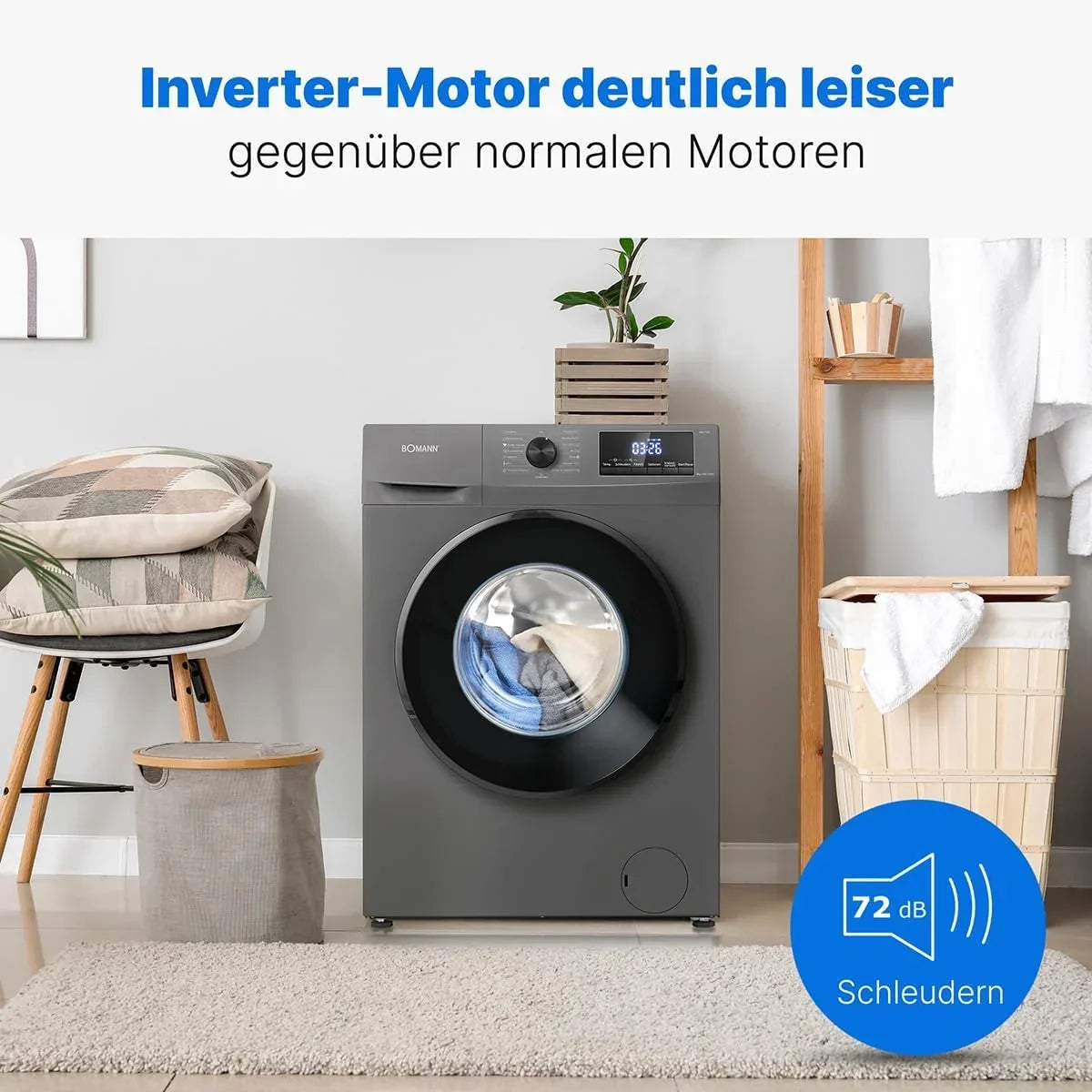 Bomann Waschmaschine 8kg | max. 1400 U/min | 10 Jahre Motor-Garantie | robuster. leiser & langlebiger Invertermotor | 15 Waschprogramme | LED-Display