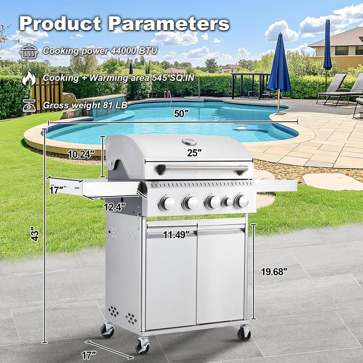 4-Burner Propane Gas Grill with Cast Iron Grates. Side Stove and 44.000 BTU Stainless Steel Burners