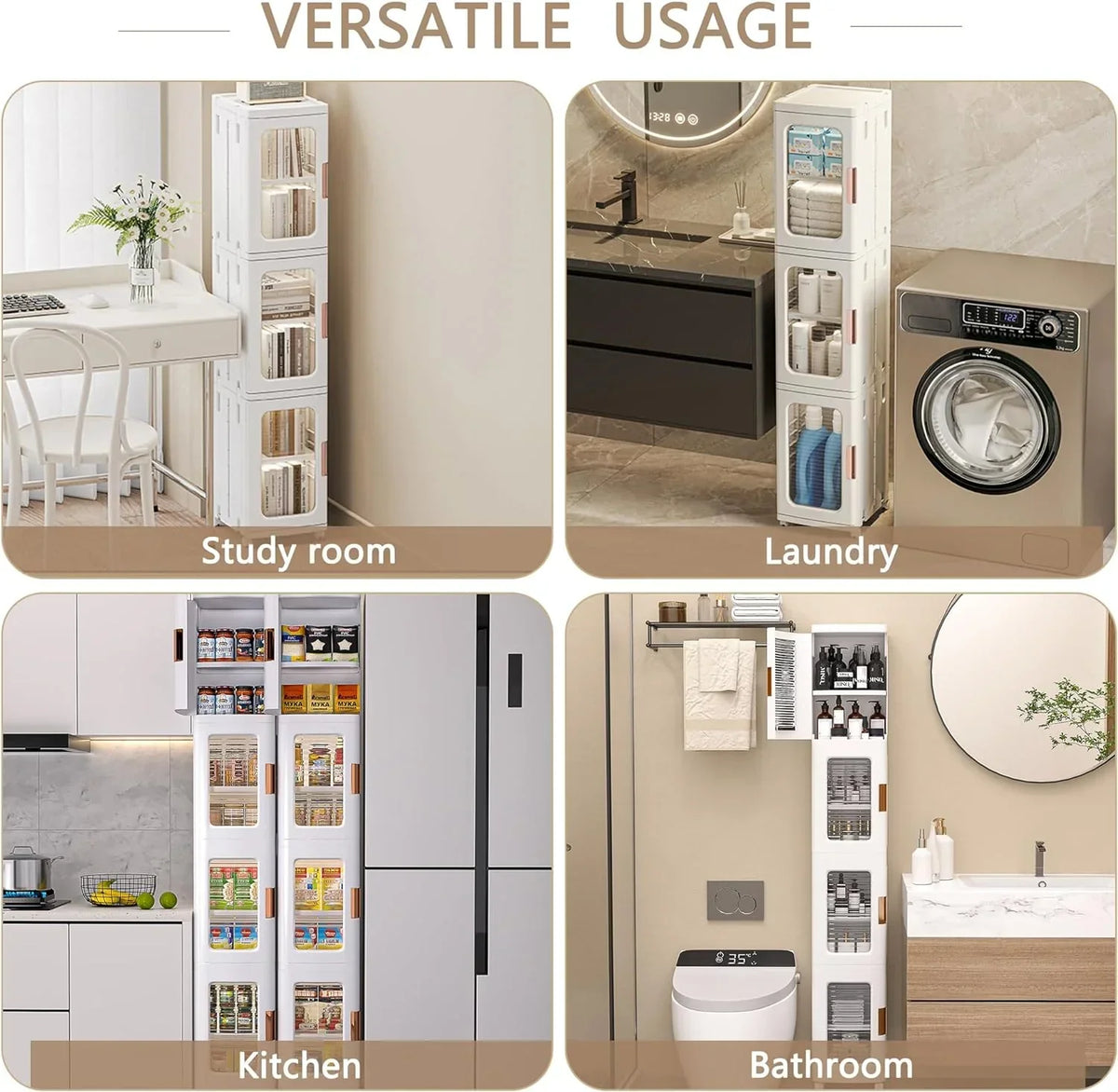 4-Tier Tall Narrow Plastic Storage Cabinet. Slim Vertical Organizer for Bathroom. Bedroom and Home Storage