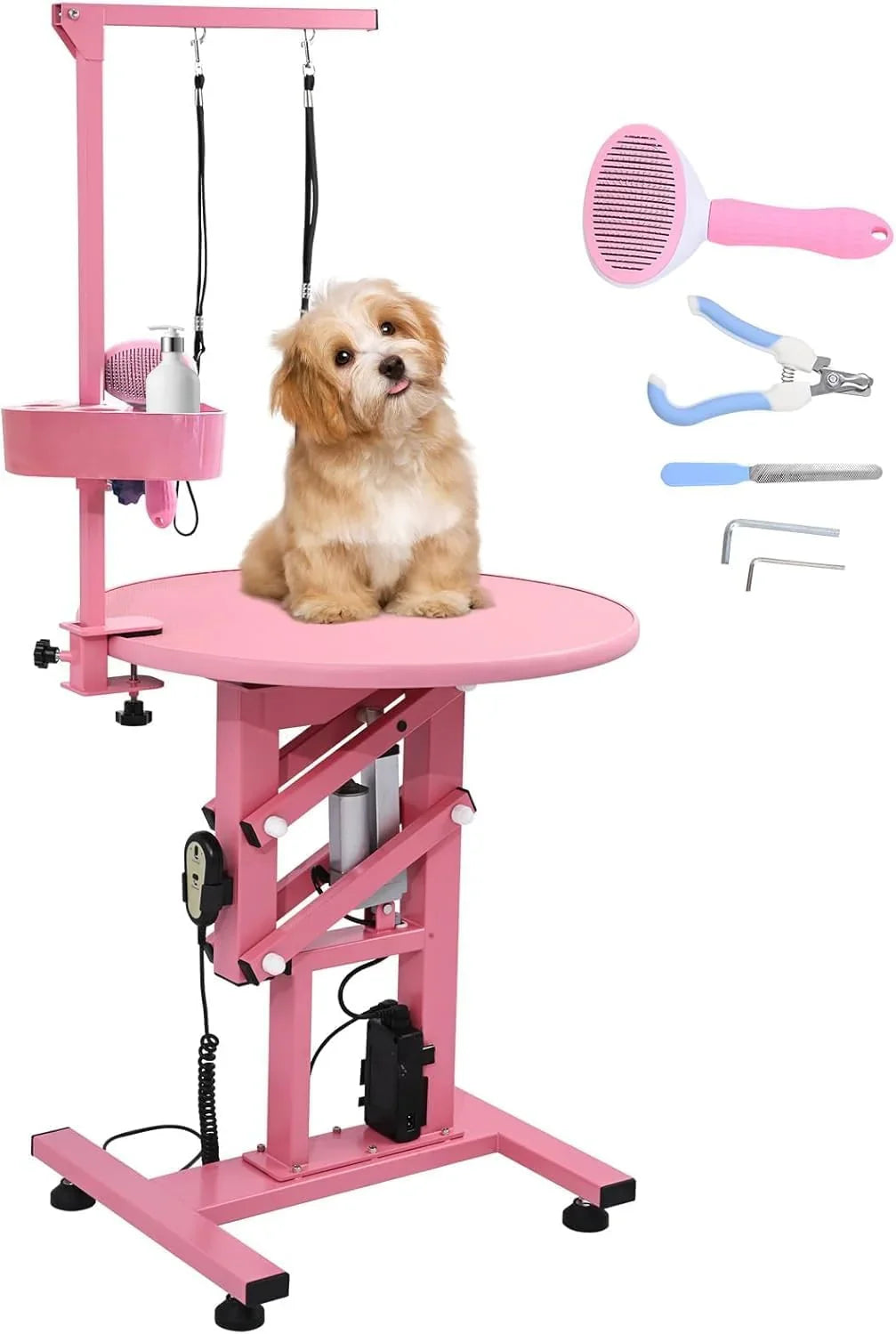 Electric Hydraulic Lift Pet Dog Grooming Table. 24Inch 360° Rotating Grooming Desktop for Small Dogs. with Overhead Arm. Wireless Remote. Tool Organizer. Black