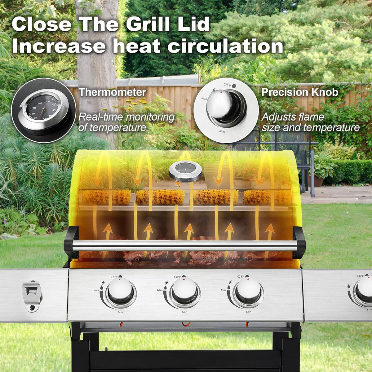 4-Burner Propane Gas Grill with Cast Iron Grates. Side Stove and 44.000 BTU Stainless Steel Burners