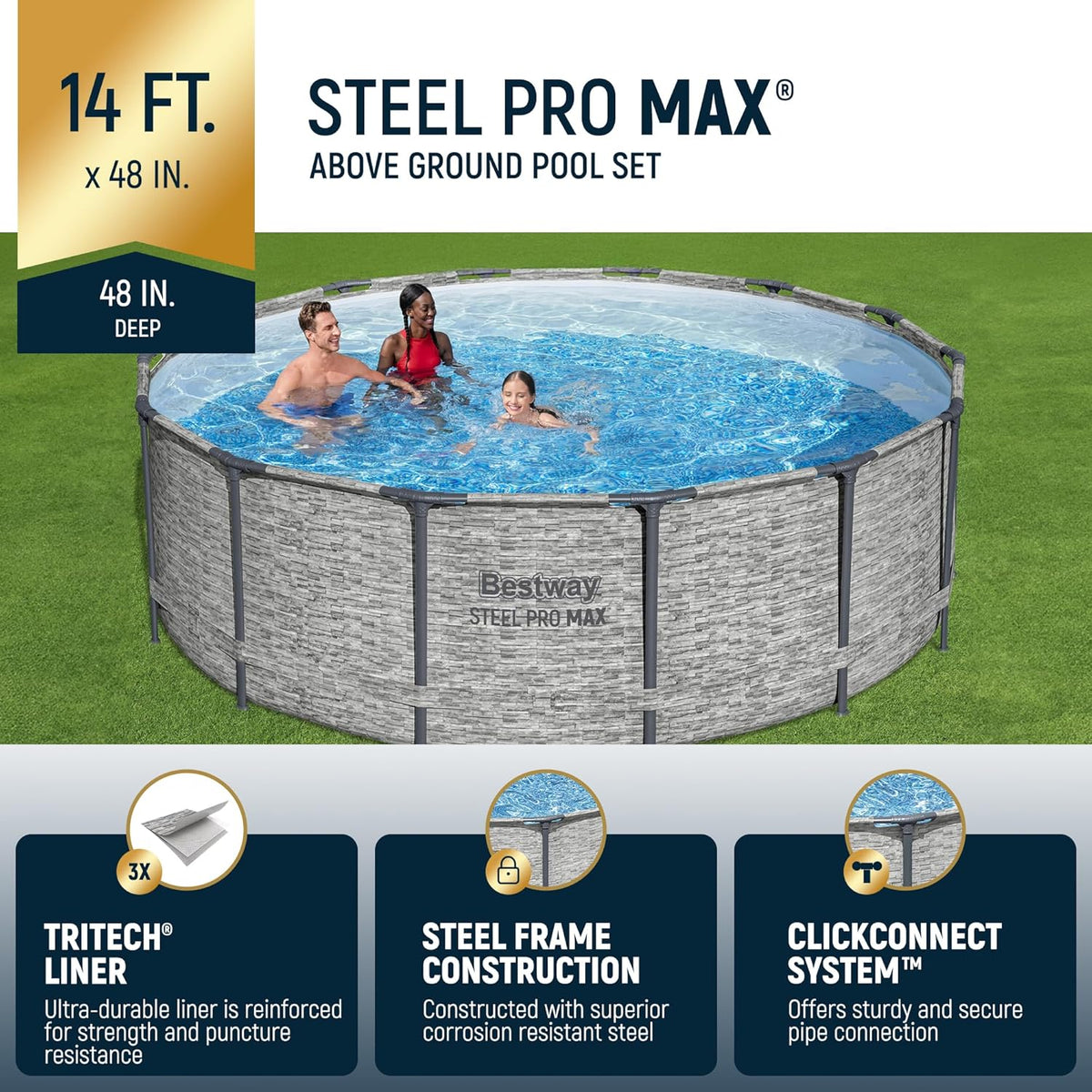 Above Ground Swimming Pool w/ Pump. Cover. & Ladder. 14' x 48. Steel Pro MAX. Gray - Backyard Outdoor Round Pool w/ Filter. 42-Inch Deep Water