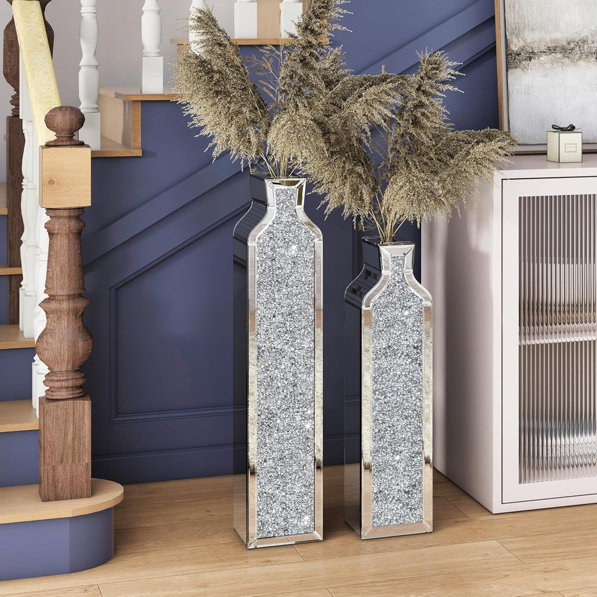 Floor vase crushing diamond reflective vase - Silver floor-style vase set (2-piece) - 24-inch and 30-inch large crystal goblet vases. suitable for living rooms. dining rooms. bedrooms. home corners. corridors. indoor offices and floors.