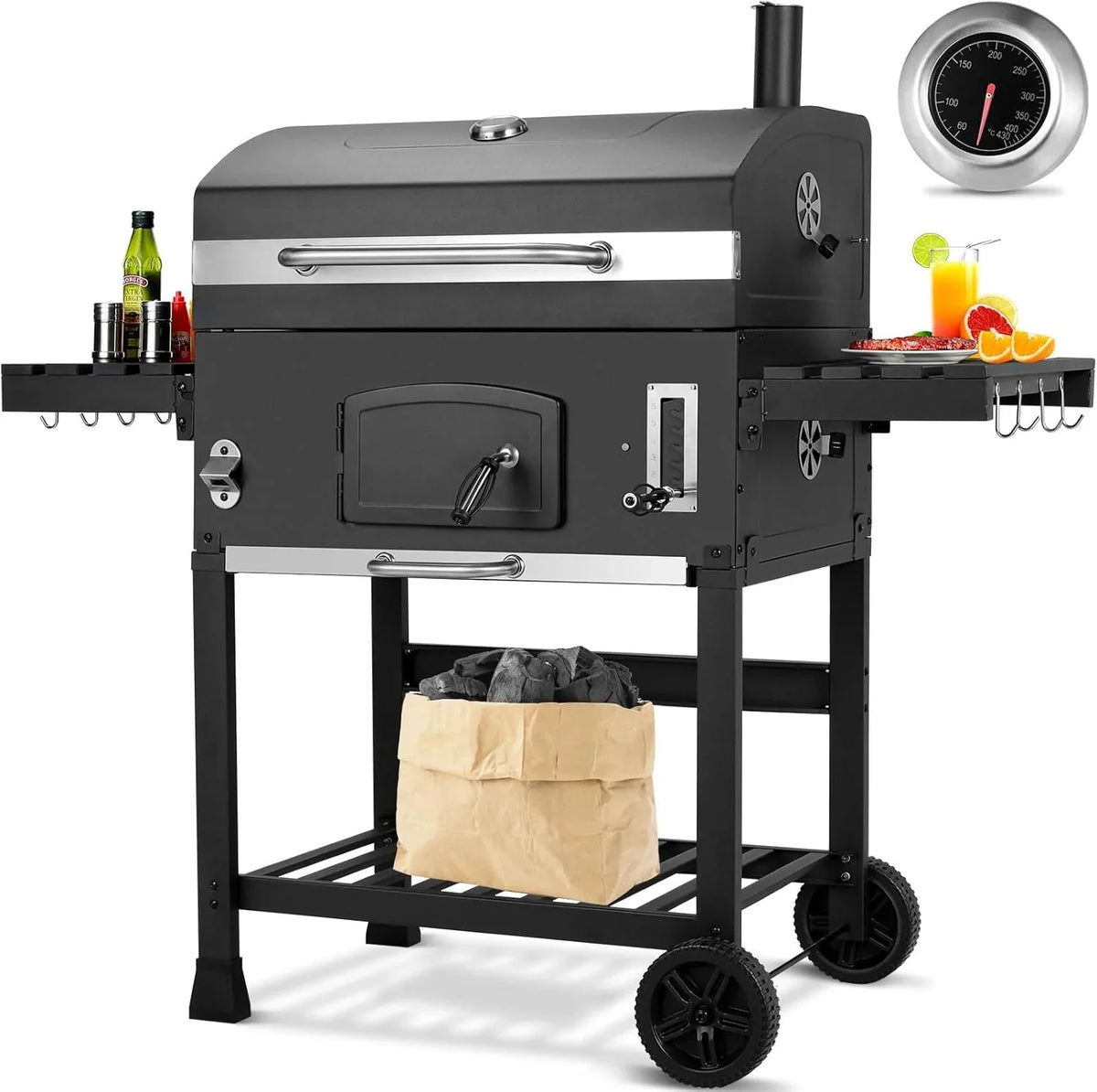 Barbacoa de Carbon XXL. Parrilla de Carbón con Chimenea y Tapa. Parrilla con Carrito BBQ Smoker con Ruedas y Termómetro. Grande BBQ Carbon para