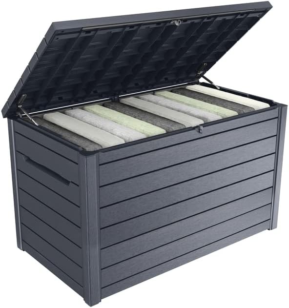 Keter Kissenbox XXL Ontario. graphit. 870l Fassungsvermögen. Außenmaße: 147 x 83 x 86 cm. Auflagenbox wasserdicht. für Outdoor geeignet