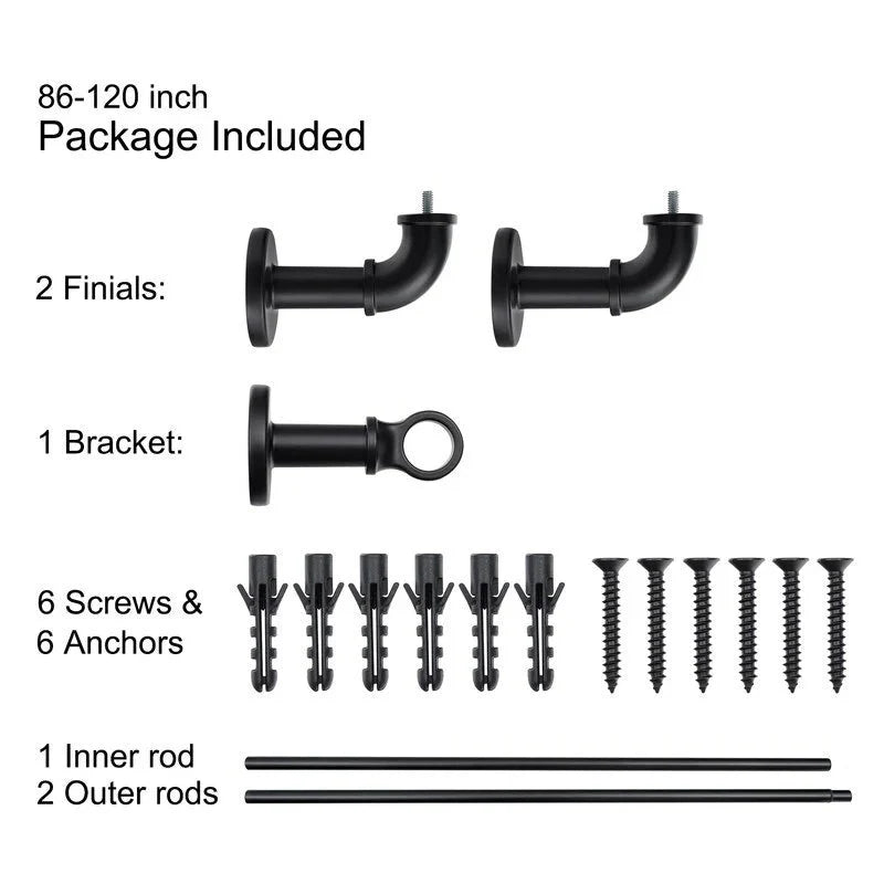 1 Inch Industrial Curtain Rods for Windows. Blackout Wrap-Around Rods. Rustic Matte Black