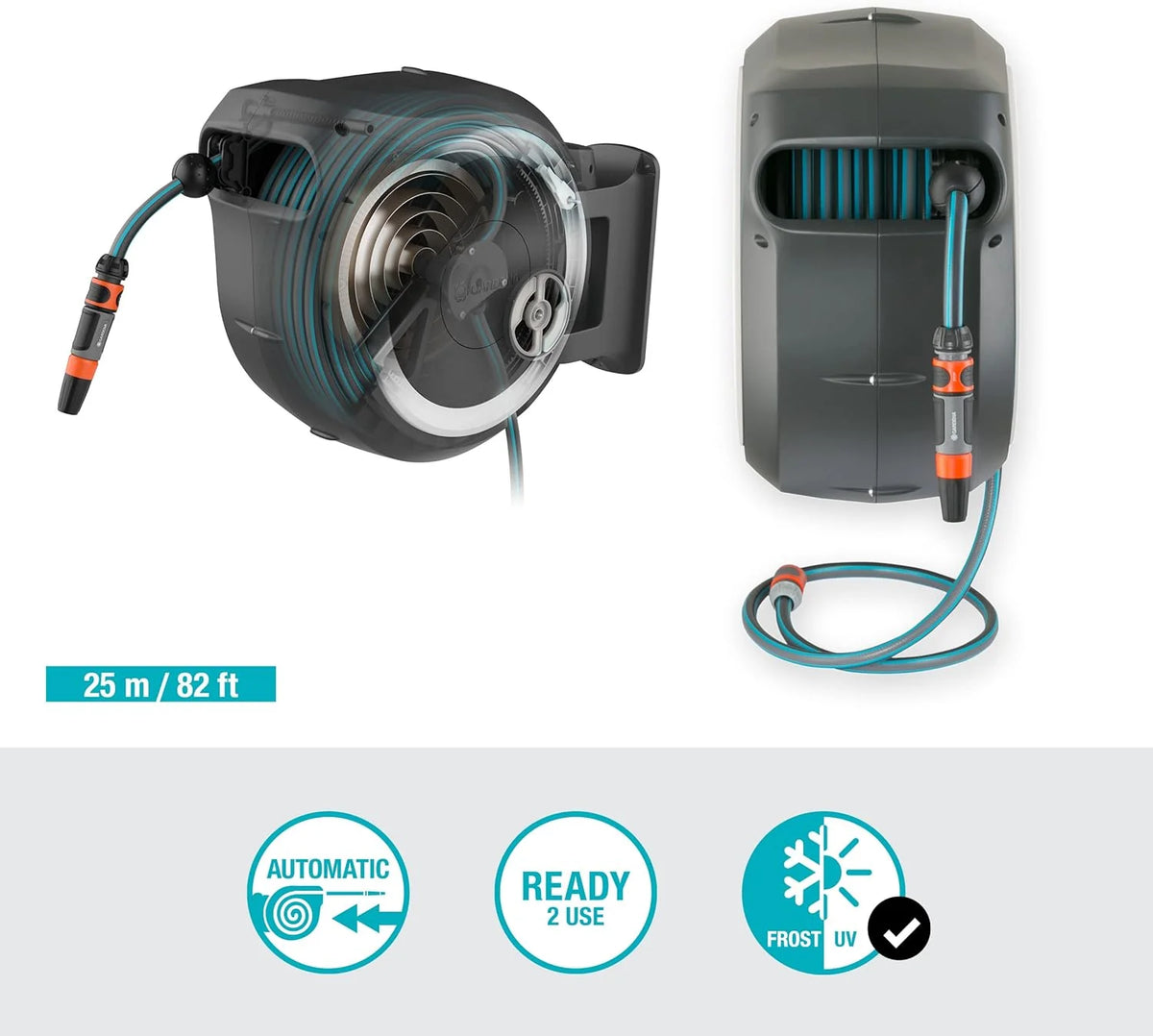 Gardena Wand-Schlauchbox RollUp M/L (weiß) 25 m: flexible Bewässerung für mittelgroße bis große Gärten. Schwenkbare Schlauchbox. inkl. 25 m Gardena