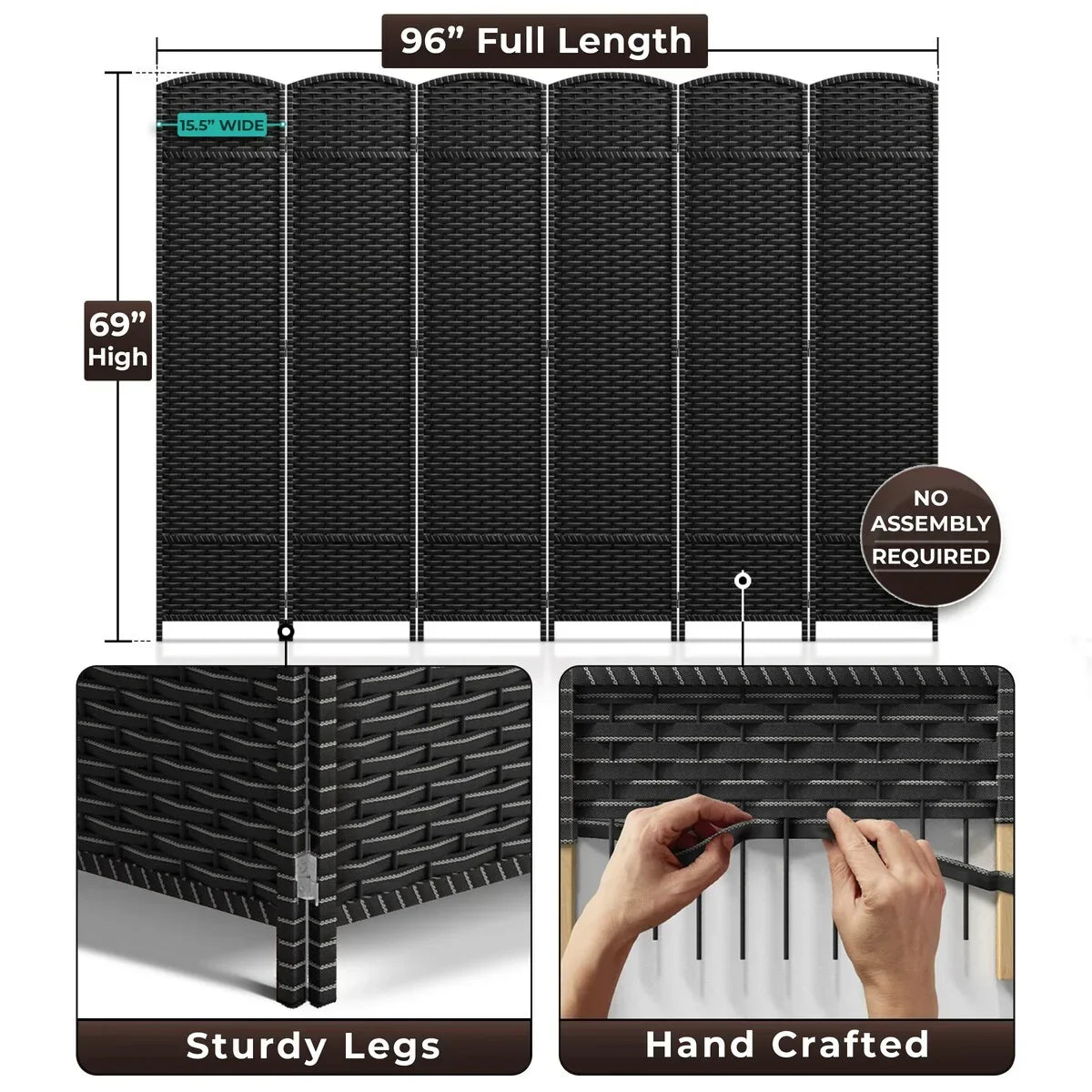 6 Panel Room Divider. 6ft Tall Extra Wide Folding Privacy Screen with Hand-Woven Mesh Panels